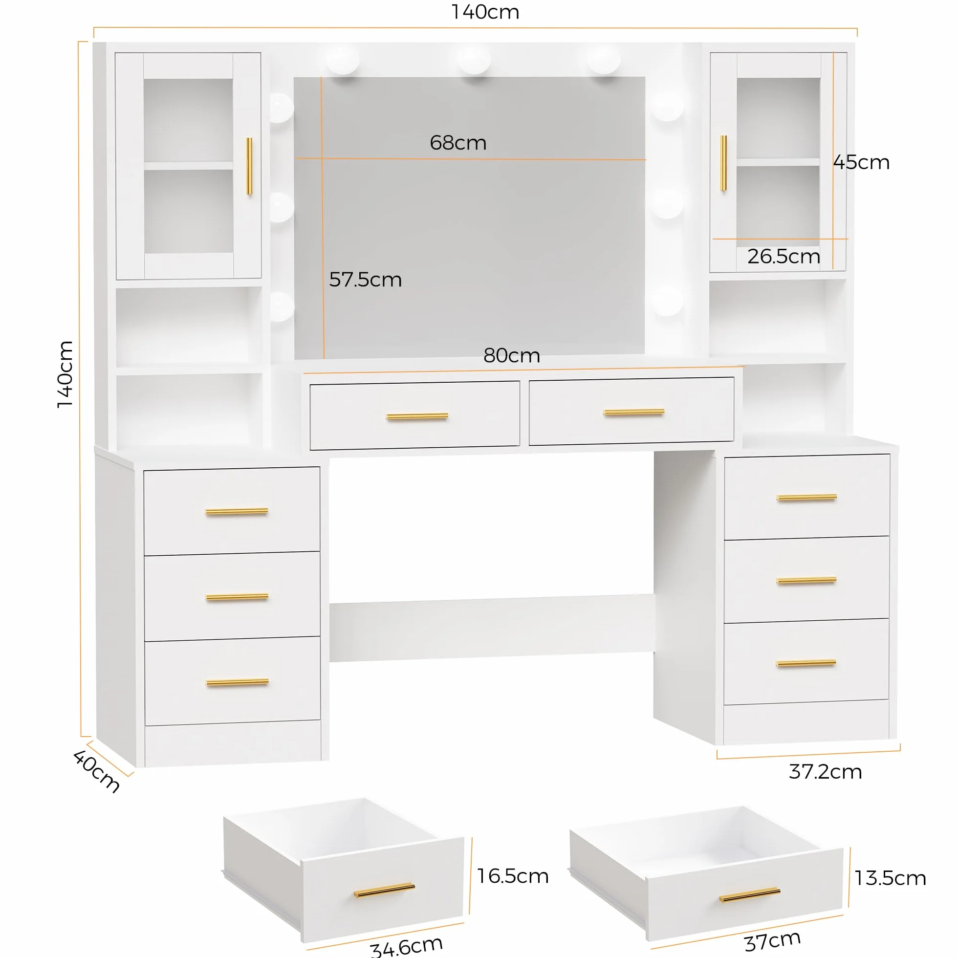 BEWISHOME Tocador de Maquillaje con Luces LED, Brillo Ajustable, 8 Cajones, Blanco EFST37W