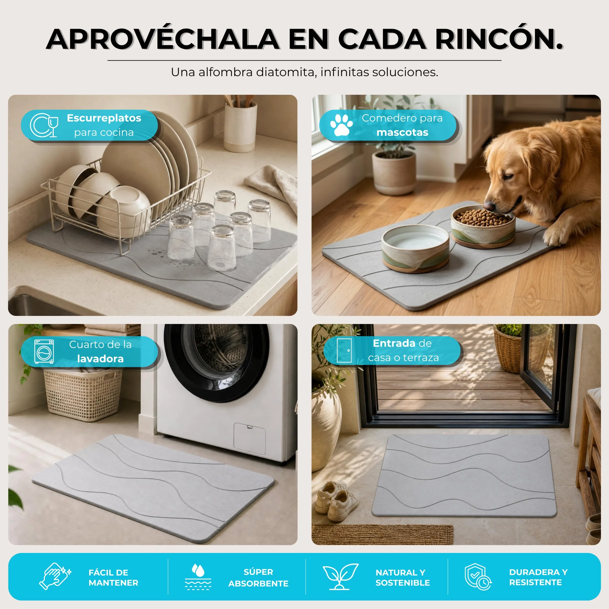 Alfombra Diatomita Baño 60x40 Antideslizante Antibacteriana Super Absorbente Stone Bath Mat Grey Waves