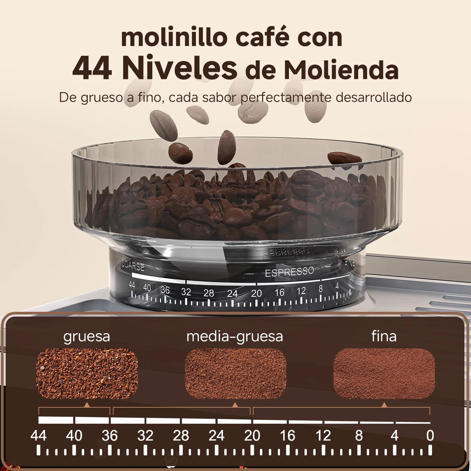 AMZCHEF Cafetera Espresso con Molinillo Integrado 20 Bares – Máquina de Café con 44 Ajustes de Molienda，Vaporizador de Leche, 4 Temperaturas, Función Café Frío, Acero Inoxidable, Depósito 1.8L