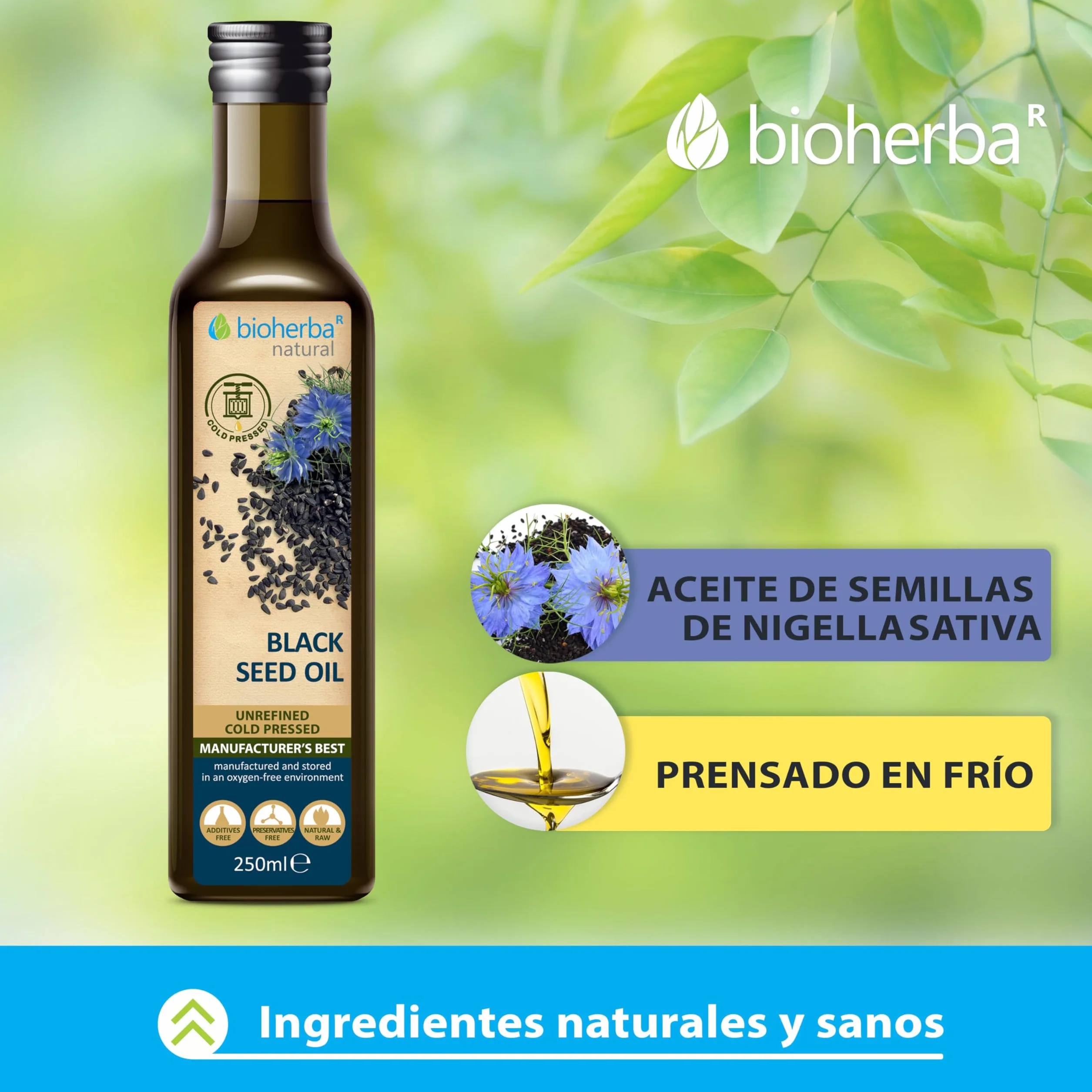 BIOHERBA Aceite de semillas de Nigella Sativa 250 ml cold pressed prensado en frío puro vidrio