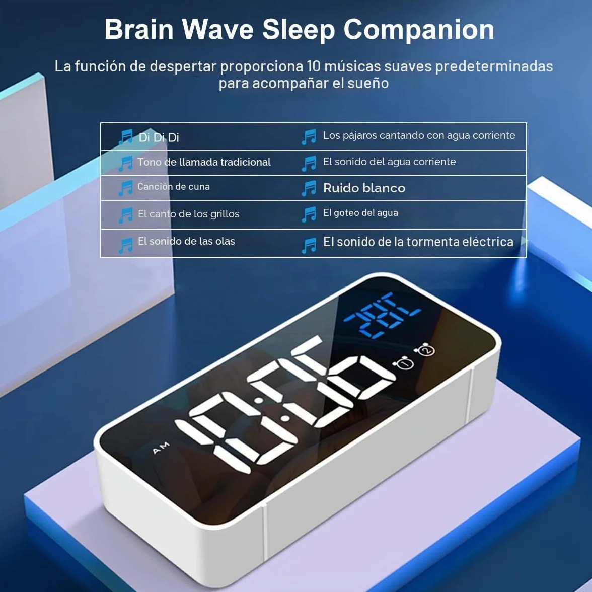 Reloj Despertador Digital LED con Pantalla de Temperatura, Alarma de Espejo Portátil, Doble Alarma, Atenuador Brillo 4 Niveles Blanco