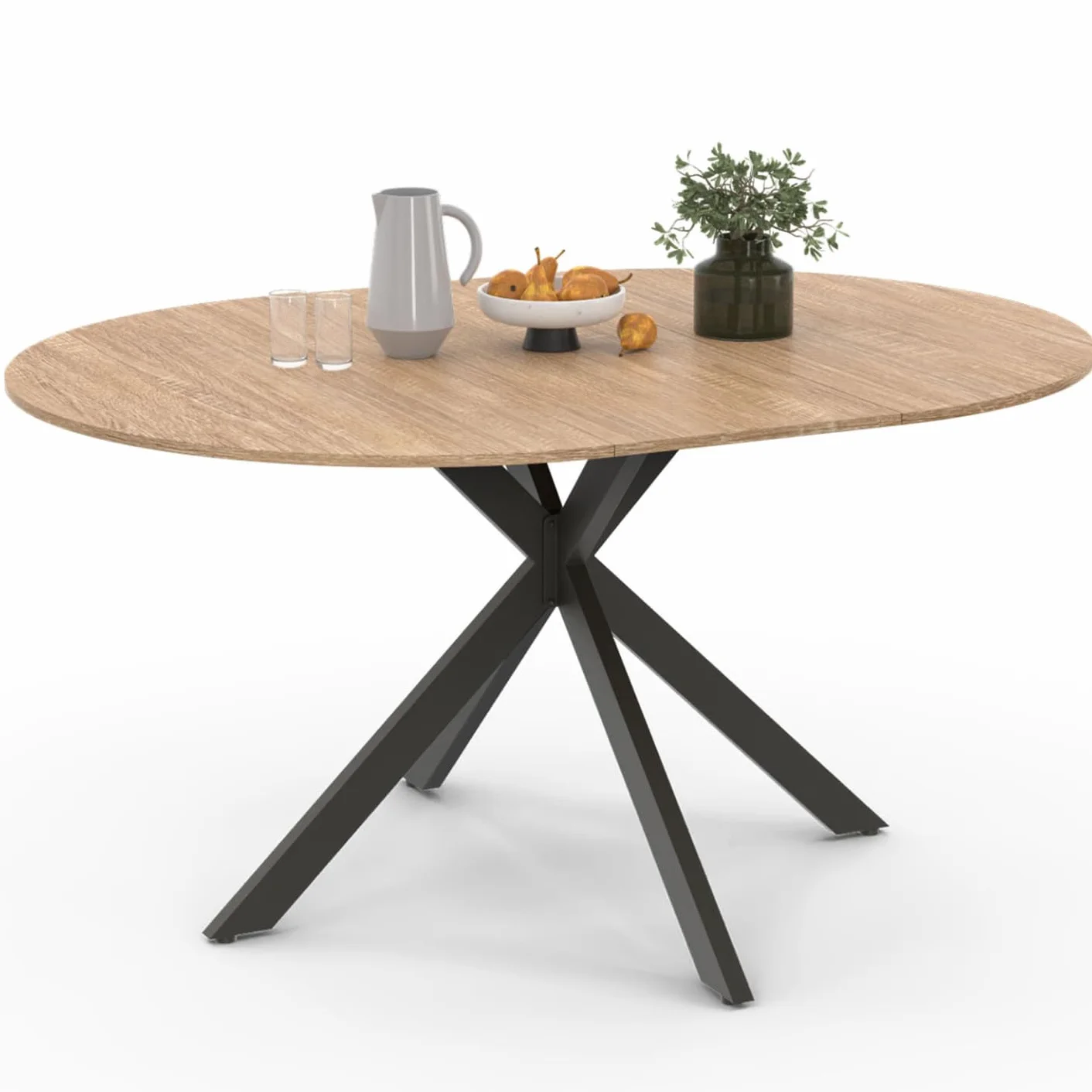 IDMarket Alix - Mesa de comedor extensible redonda 4-8 personas, patas de araña madera y negro, 110-150 cm