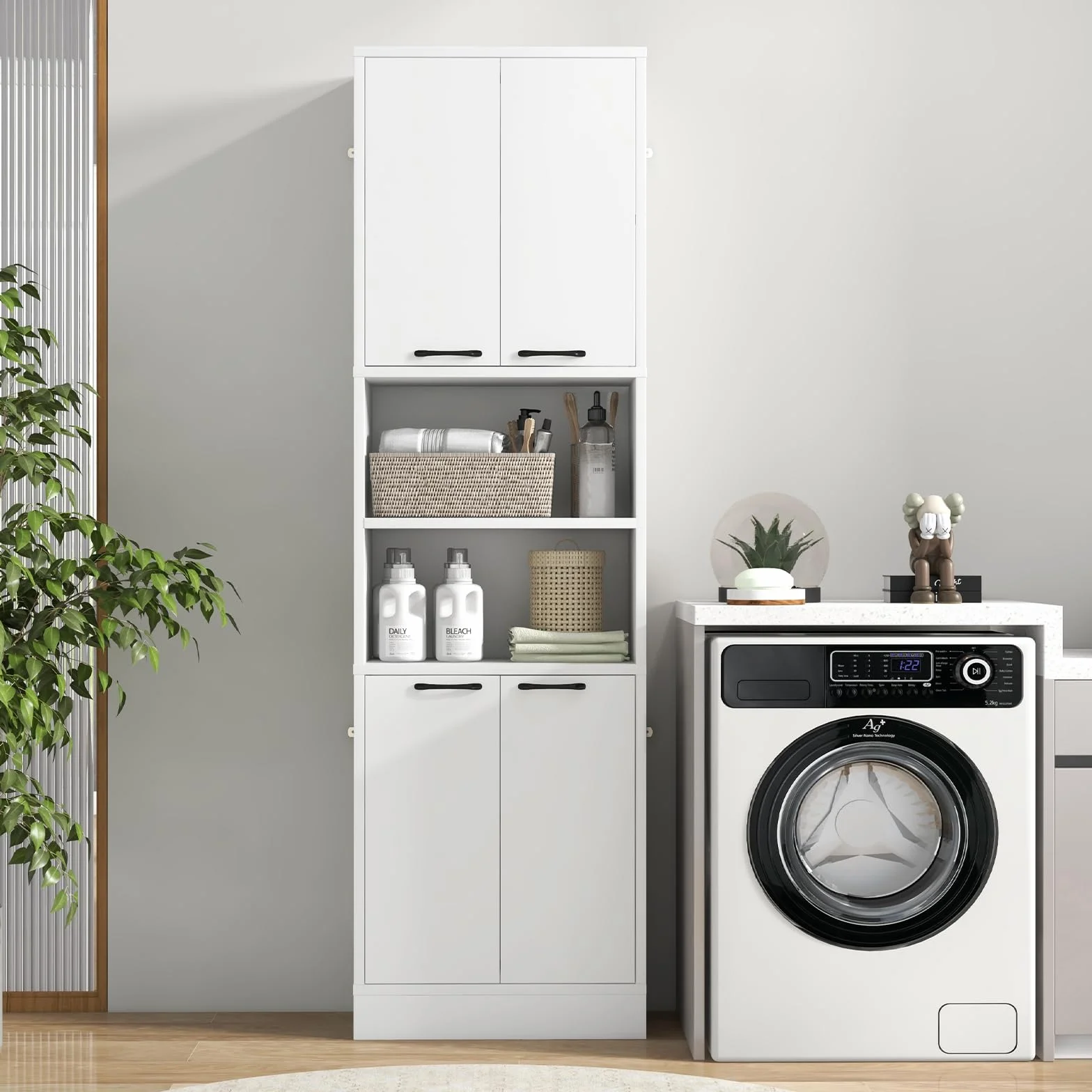 GIANTEX Armario Alto de Baño 56x30x190 cm Mueble Almacenamiento 4 Puertas 2 Compartimentos Abiertos Organizador 6 Estantes Blanco