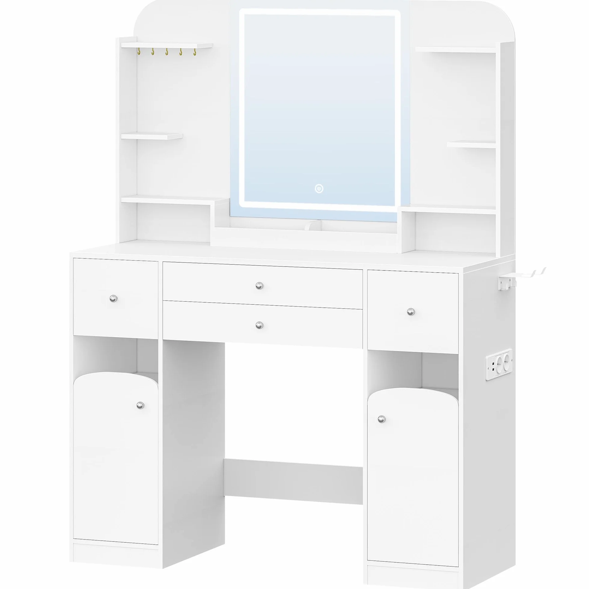 Hzuaneri Tocador con LED, Tocador de Maquillaje con Enchufe y Soporte para Secador de Pelo,108 cm Tablero, con 2 Cajones Grandes con Espacio para Guardar Joyas, 2 Armarios, 40 x 108 x 145 cm Blanco