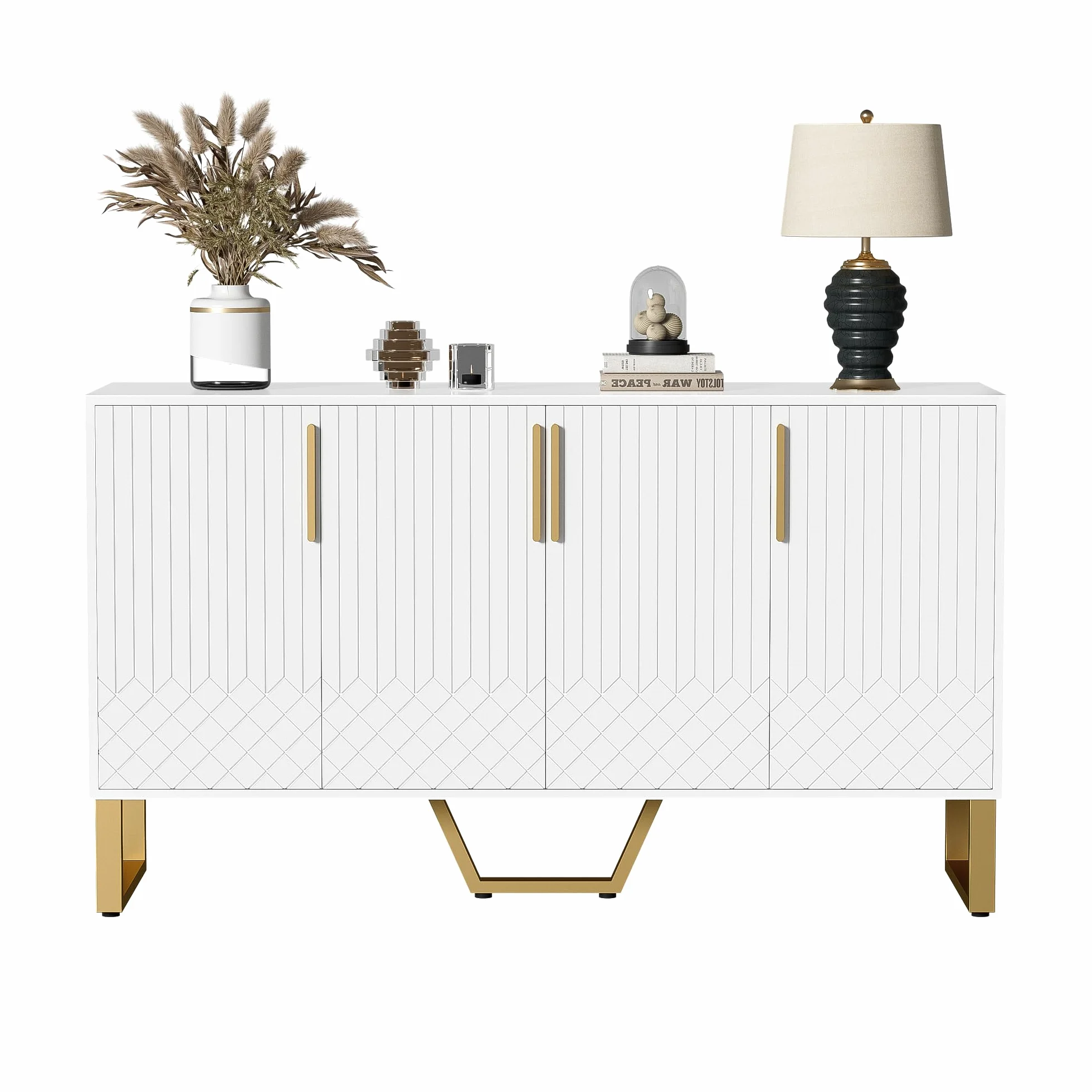 Aparador brillante, 4 puertas, tiradores y patas de metal, diseño geométrico en blanco, 140L*40L*80H, apto para salas de estar