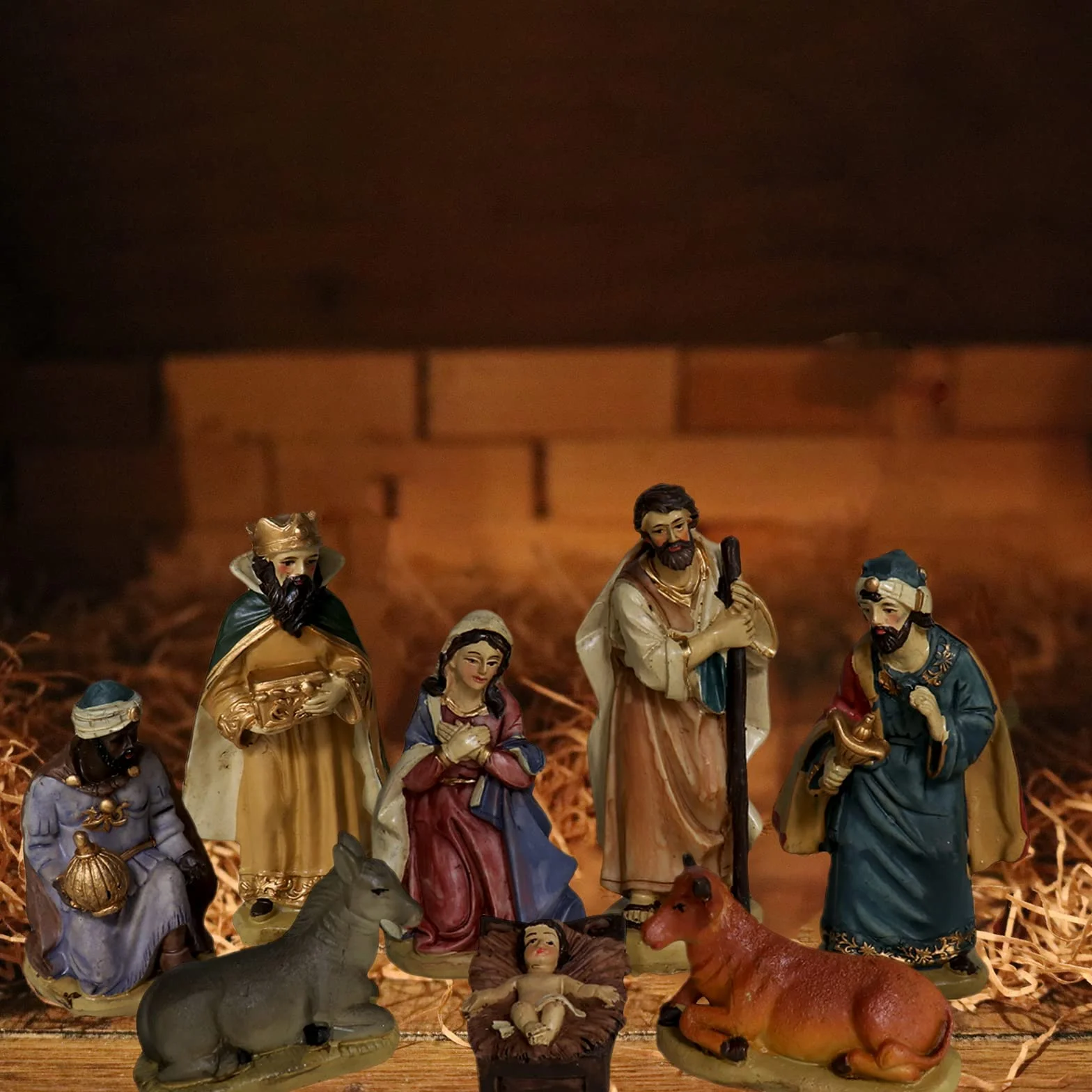 Portal de Belen 8 Figuritas Navidad 12 cm, Jesús María José Reyes Magos Mula y Buey