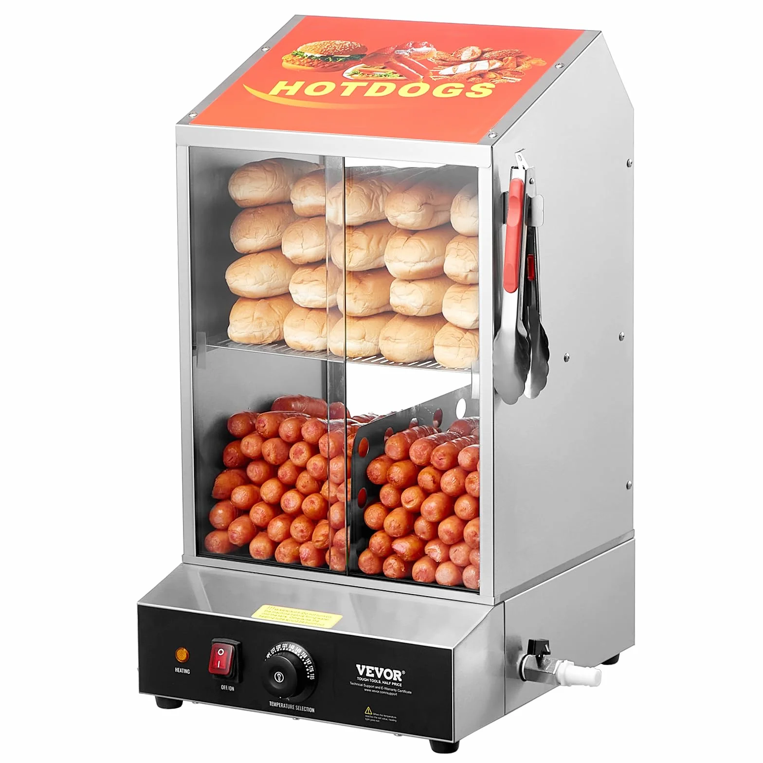 VEVOR Vaporera para Perritos Calientes, 37 L, 2 Niveles, Control de Temperatura de 30 ℃ a 85 ℃, con Puertas Corredizas de Vidrio Templado, Pinzas Placa Divisoria, Acero Inoxidable, 345 x 380 x 640 mm