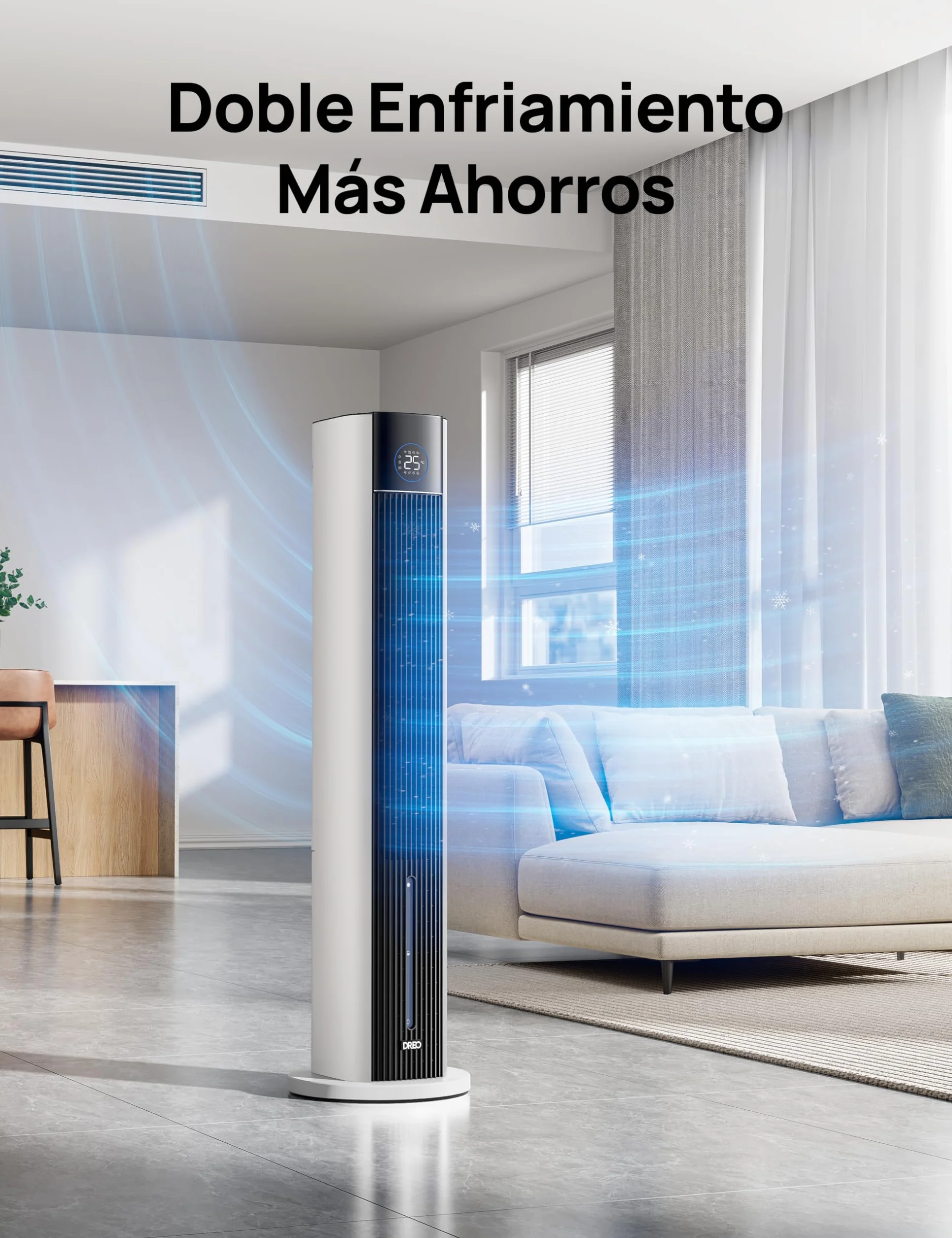DREO Ventilador de Torre con enfriamiento por agua, enfriador 110 cm, silencioso, 4 velocidades, 4 modos, evaporativo, control app, paquete de hielo, oscilación 80°, temporizador 12 h, blanco