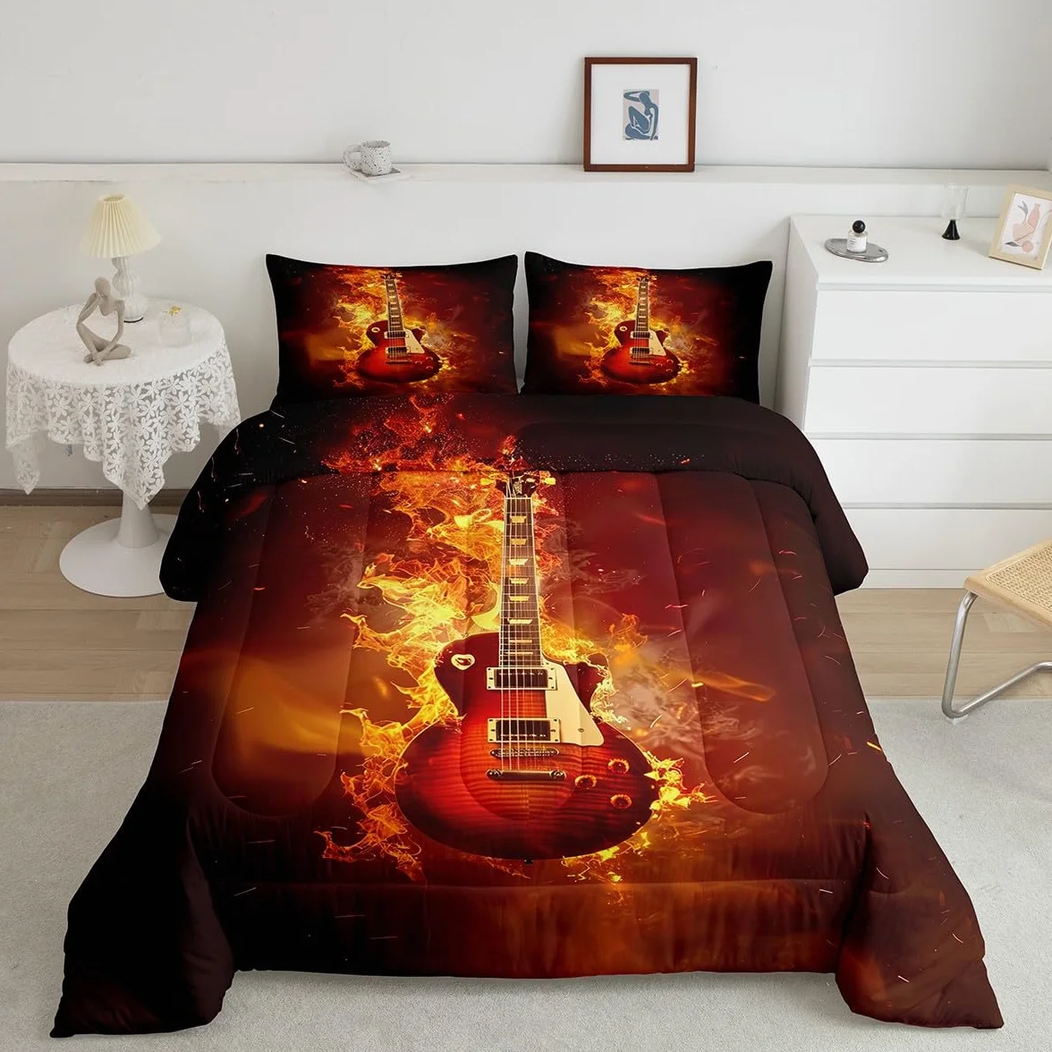 Juego de edredón tamaño King de guitarra, juegos de ropa de cama con temática de música rock, para jóvenes, hombres, adolescentes, niños, niñas, instrumentos musicales, juego de edredón de 3 piezas,