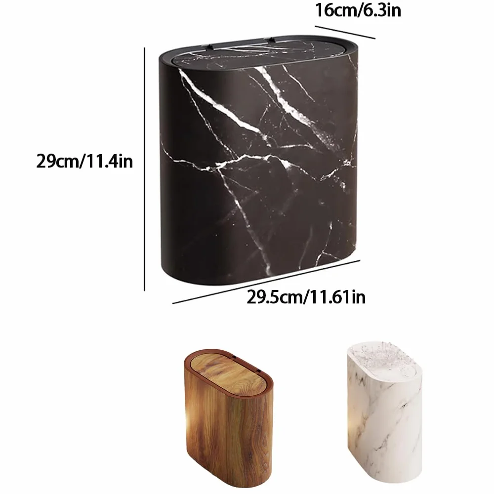 Papelera de Para madera para baño con tapa para espacios pequeños. Elegante papelera pequeña de mármol con tapa para baño. Papeleras ABS, Marrón, 29.5 x 16 x 29 cm