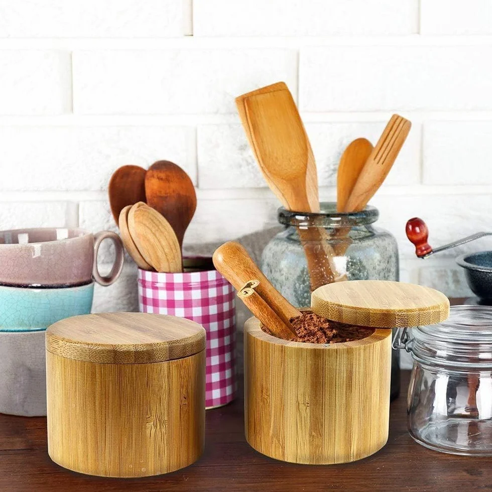 Salero de Bambú 500ML con Tapadera Giratoria para Cocina