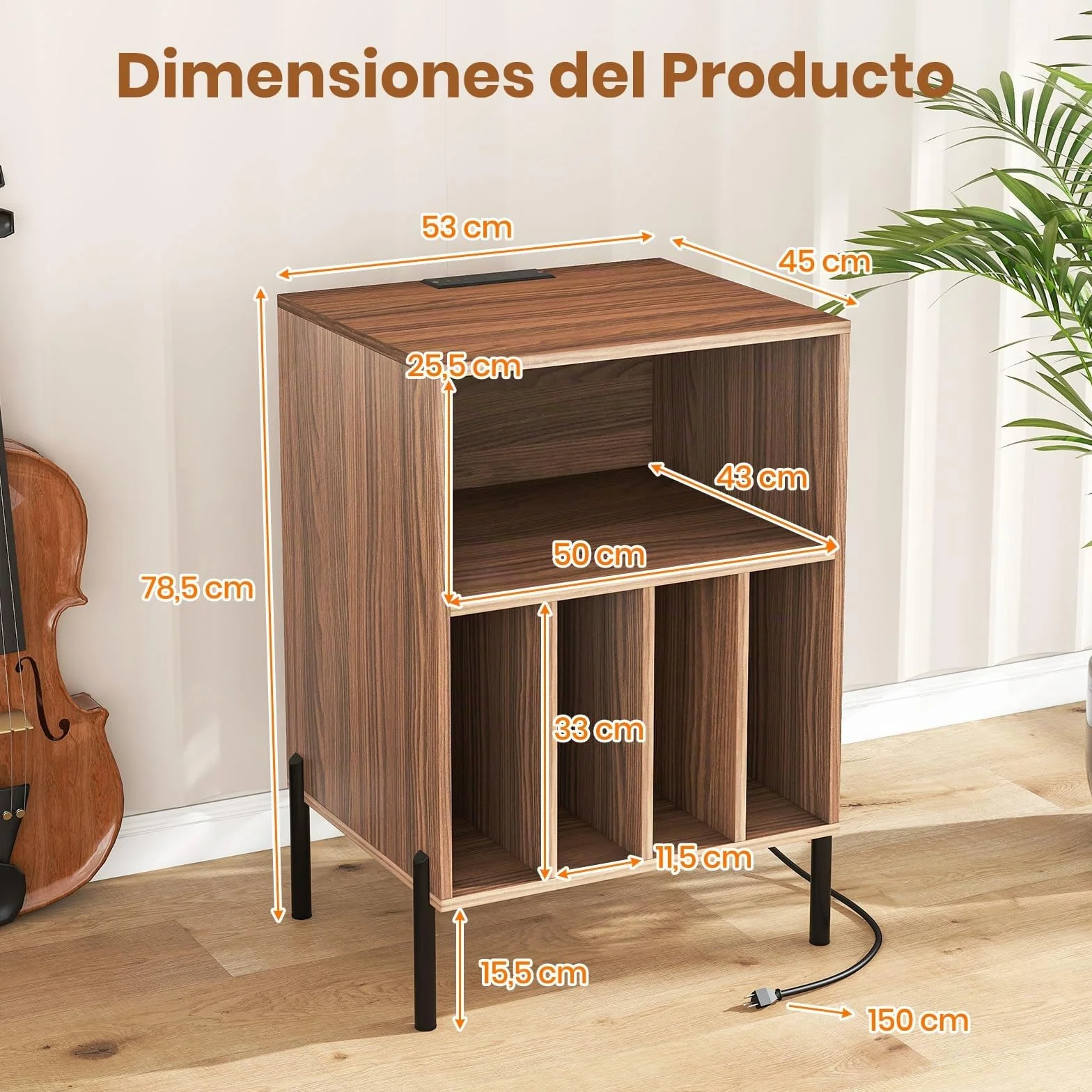 GIANTEX Mesa Auxiliar para Tocadiscos, 53x45x78.5 cm, Mesilla de Noche con Carga, 150 Discos, Marrón