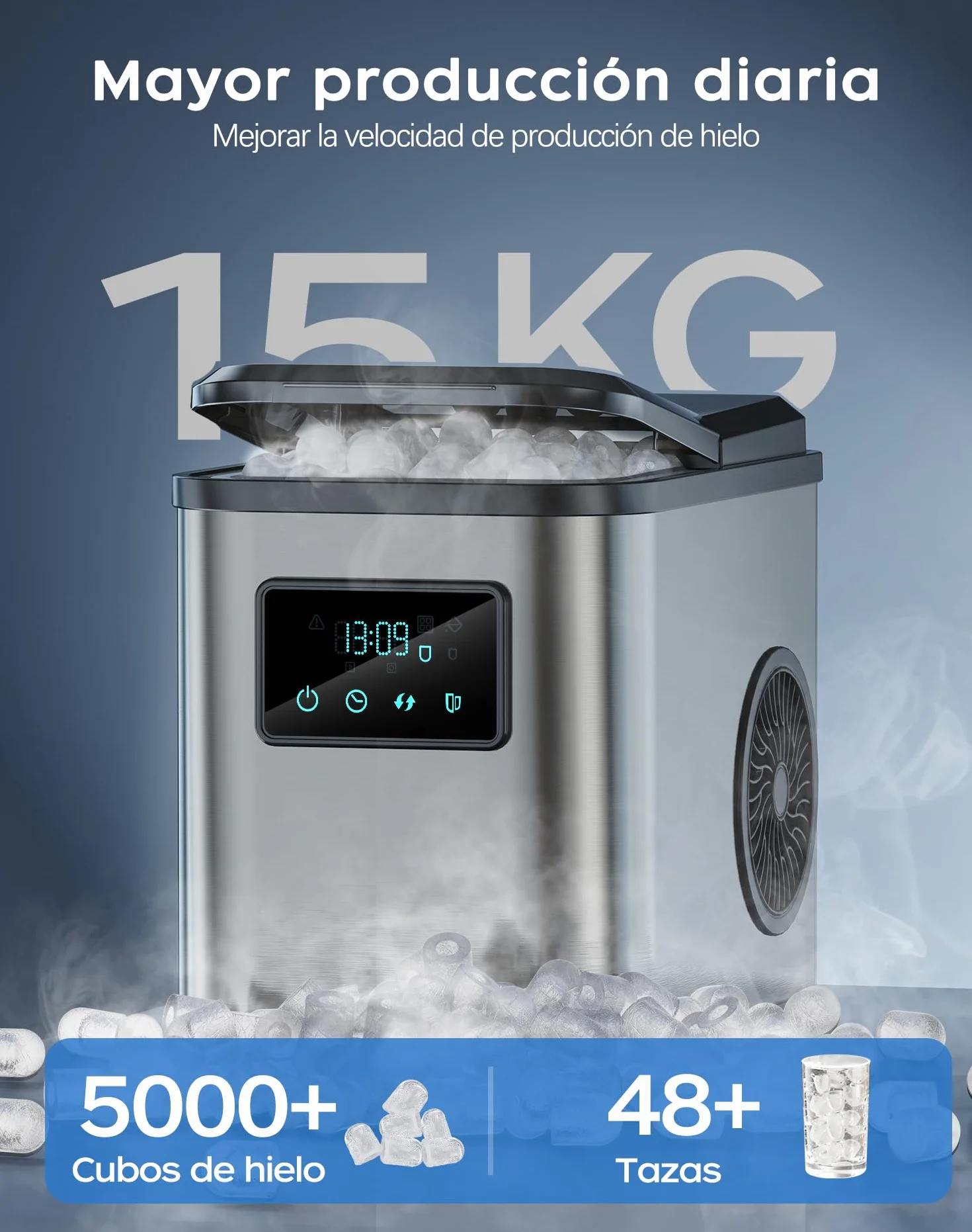 Máquina de Cubitos de Hielo de Acero Inoxidable con Pantalla LED, 2 Litros, 2 Tamaños