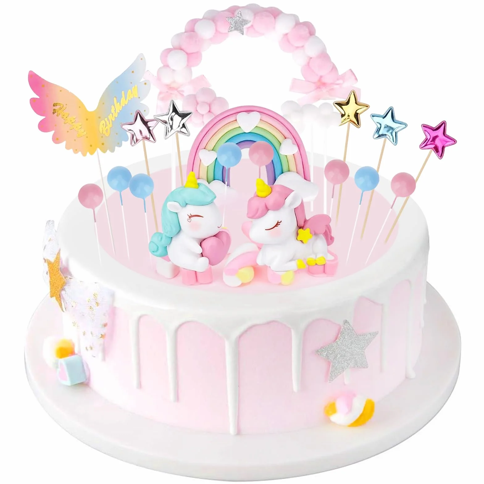 Decoración para tartas de unicornio, 20 piezas, unicornios, arco iris, globos, para cumpleaños