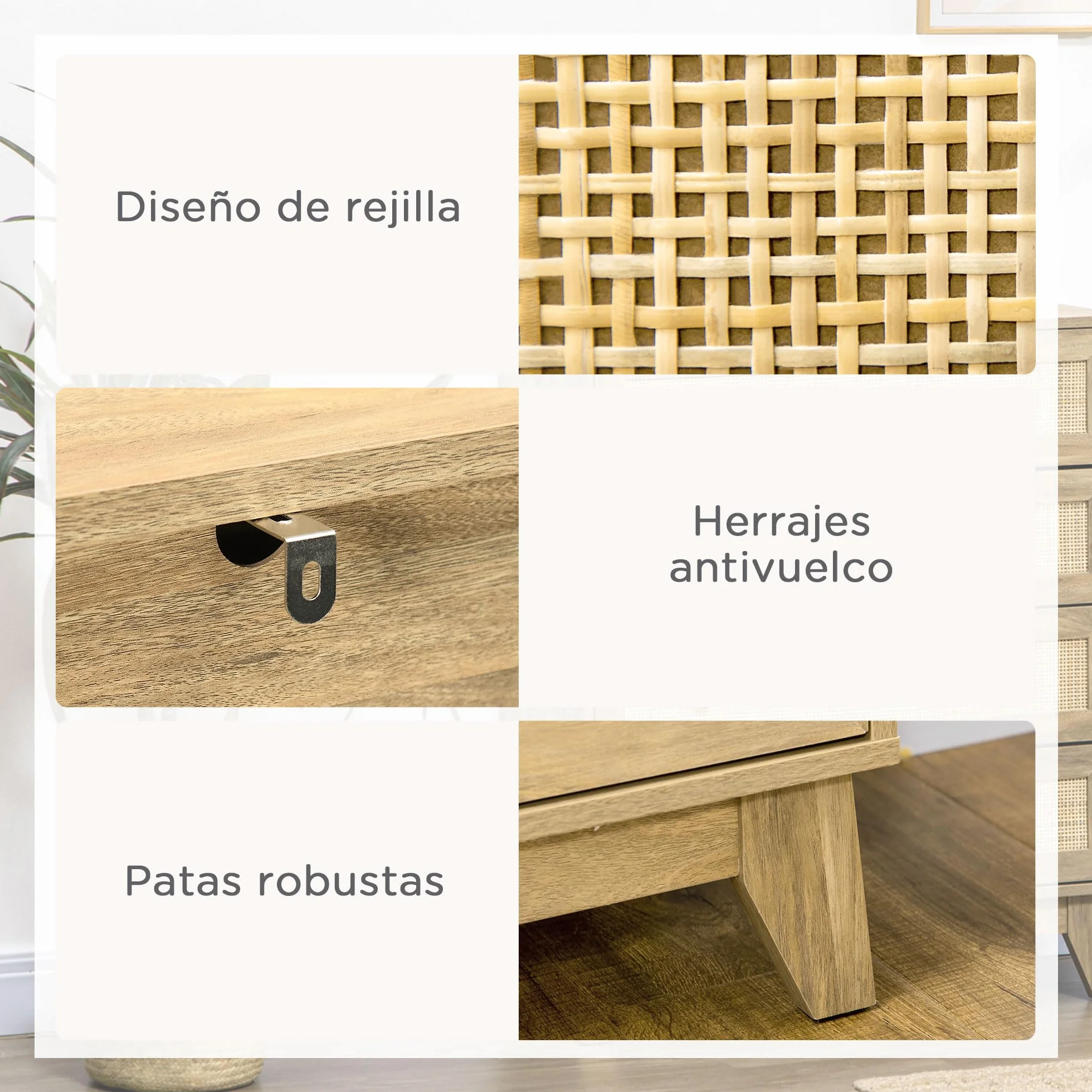 HOMCOM Cómoda con 4 Cajones Cómoda Dormitorio Estrecha con Frontales de Ratán y Patas Elevadas Cajonera para Salón Oficina 80x35x95 cm Natural