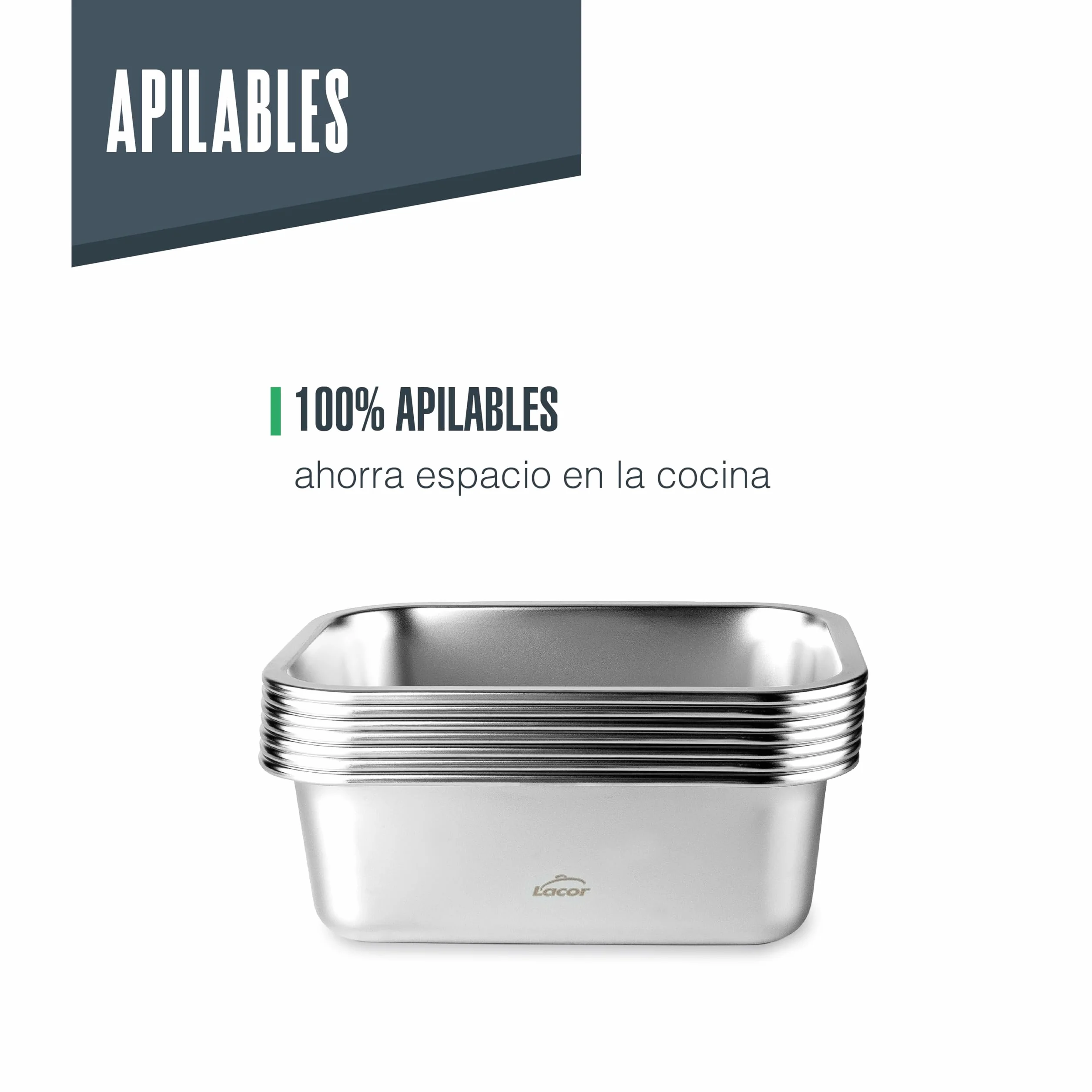 LACOR Recipiente para alimentos rectangular Ecoinox, Acero inoxidable 18/10, 800 ml, Hermético, 4 Cierres de clip