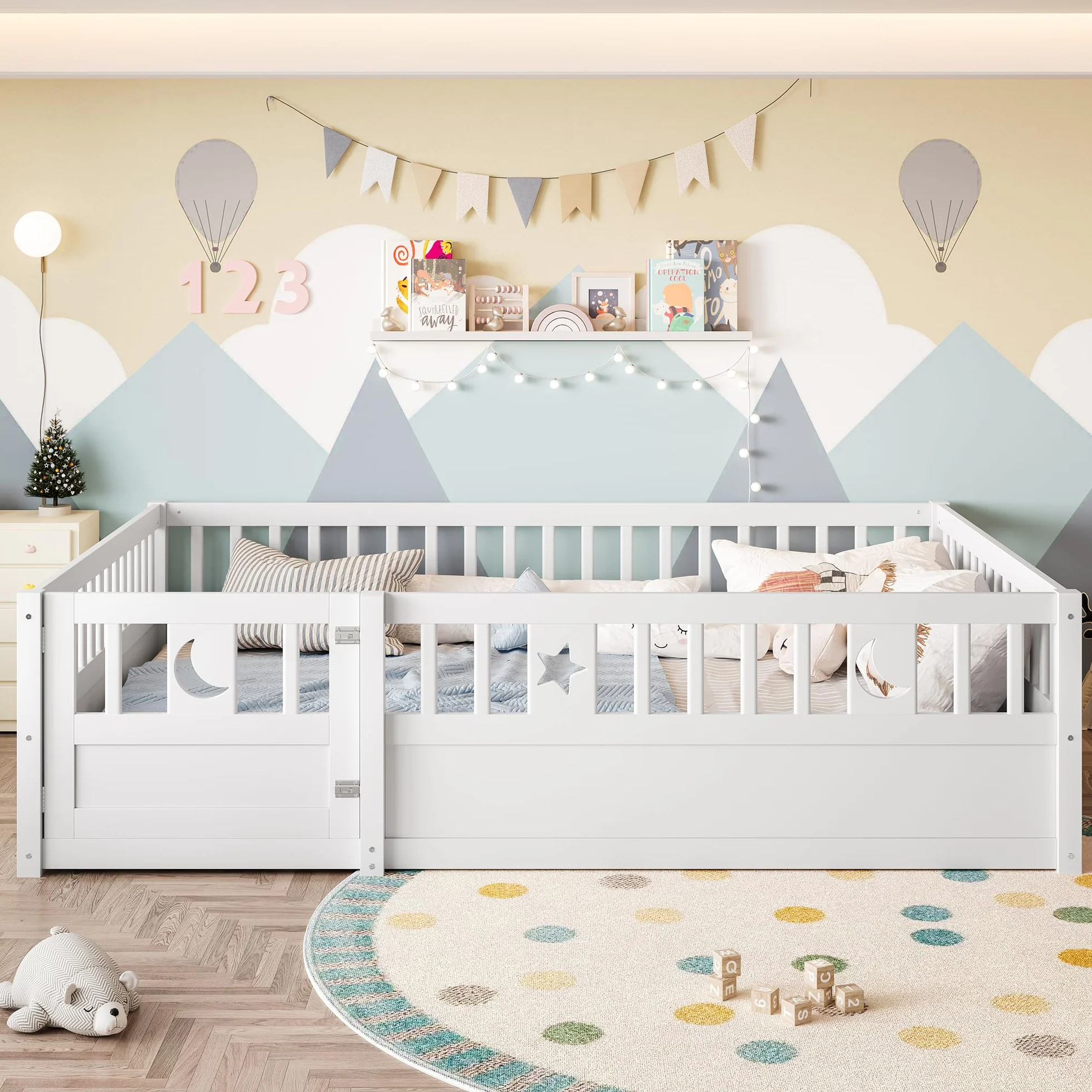 Paneles para cuna 140 x 190 cm con rejilla, estrellas y lunas, blanco