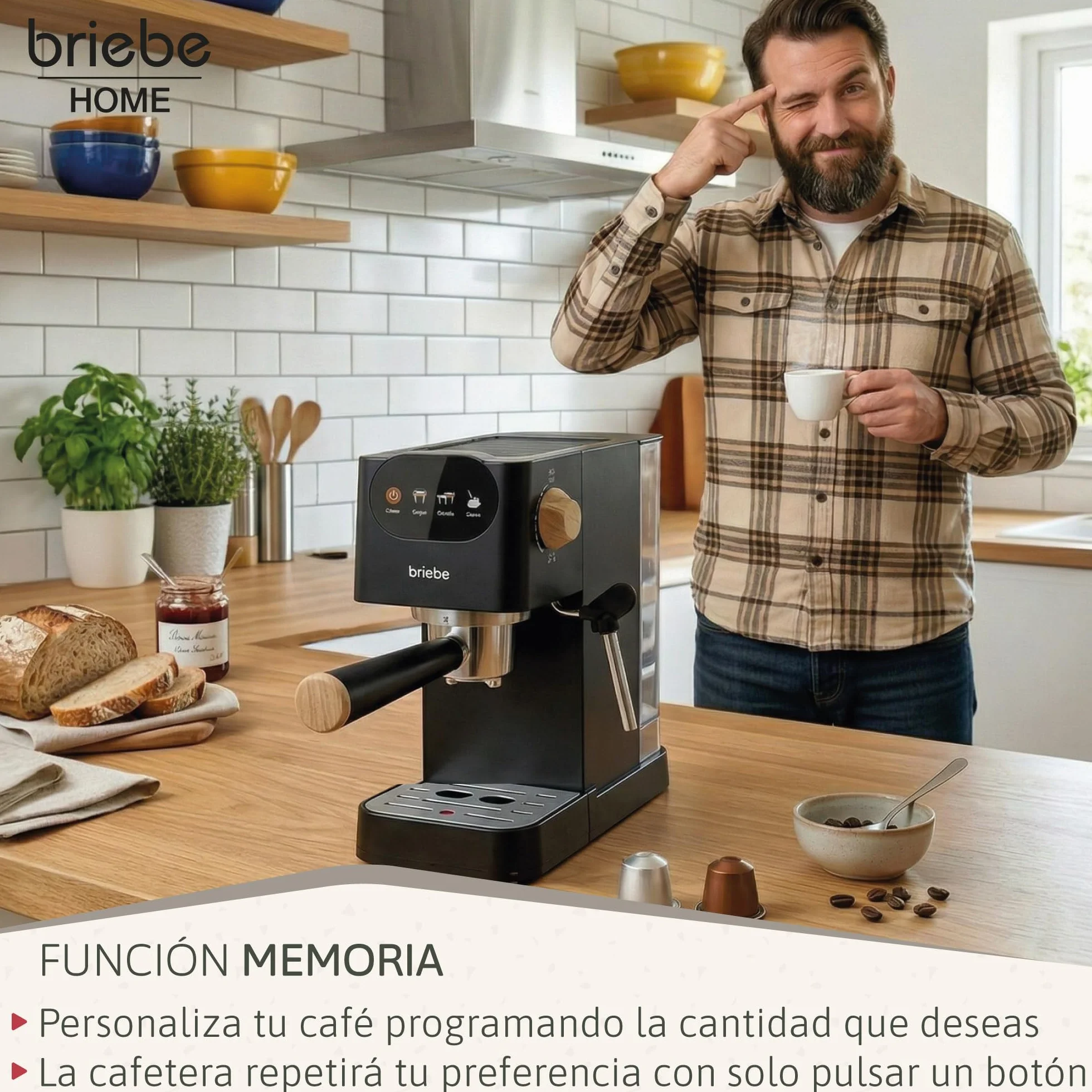 briebe Nordic Cafetera Espresso 20 Bares Compatible Cápsulas Nespresso y Café Molido, Máquina Café Semiautomática Profesional 1350W, Espumador Leche, Pantalla Táctil, 1,2L, Diseño Nórdico, Negro