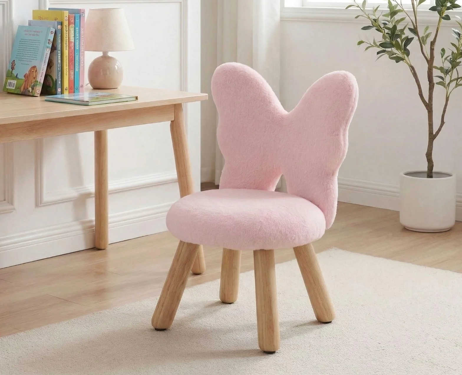 chairus Silla Infantil con Respaldo en Forma de Mariposa, Sillón Infantil de Pelo Sintético Silla para Niñas con Patas de Madera, Rosa