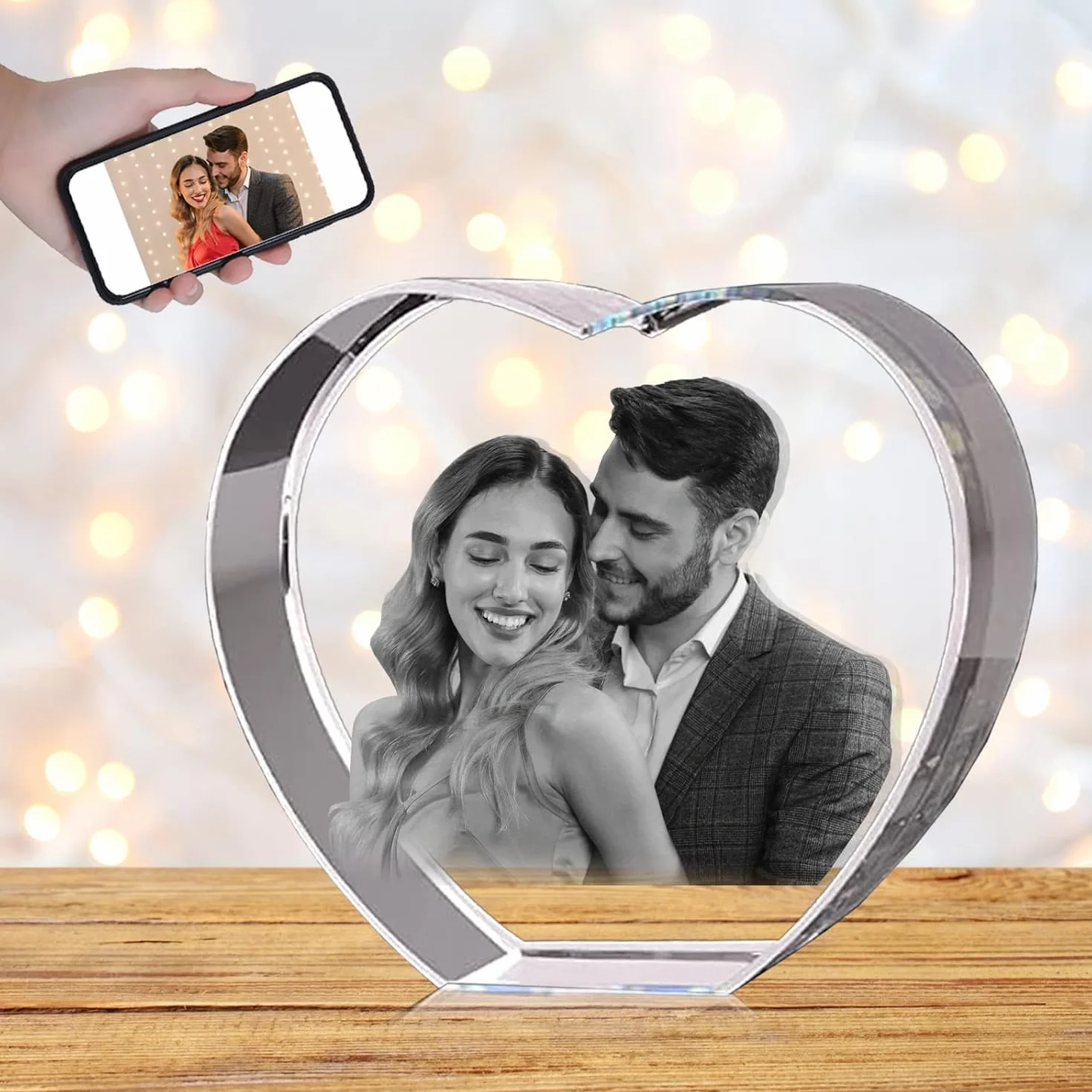 Marco de fotos de cristal 3D grabado personalizado en forma de corazón con tu propia foto regalo para amantes, familia, cumpleaños, boda, Navidad (mediano)