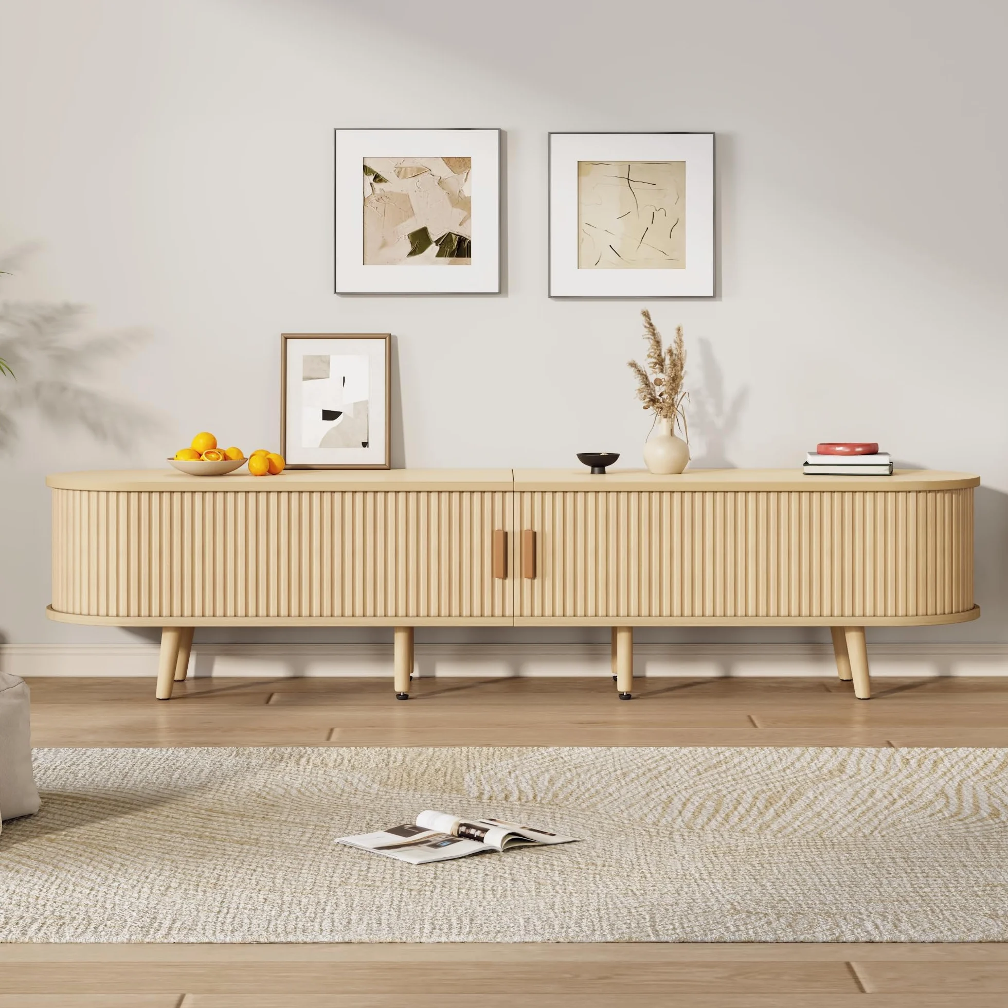 Mueble para TV de salón con espacio de almacenamiento + tablero de fibra de densidad media redonda de grano de madera, 2 cajones, capacidad de carga 30 kg, tamaño 175 x 40 x 42 cm