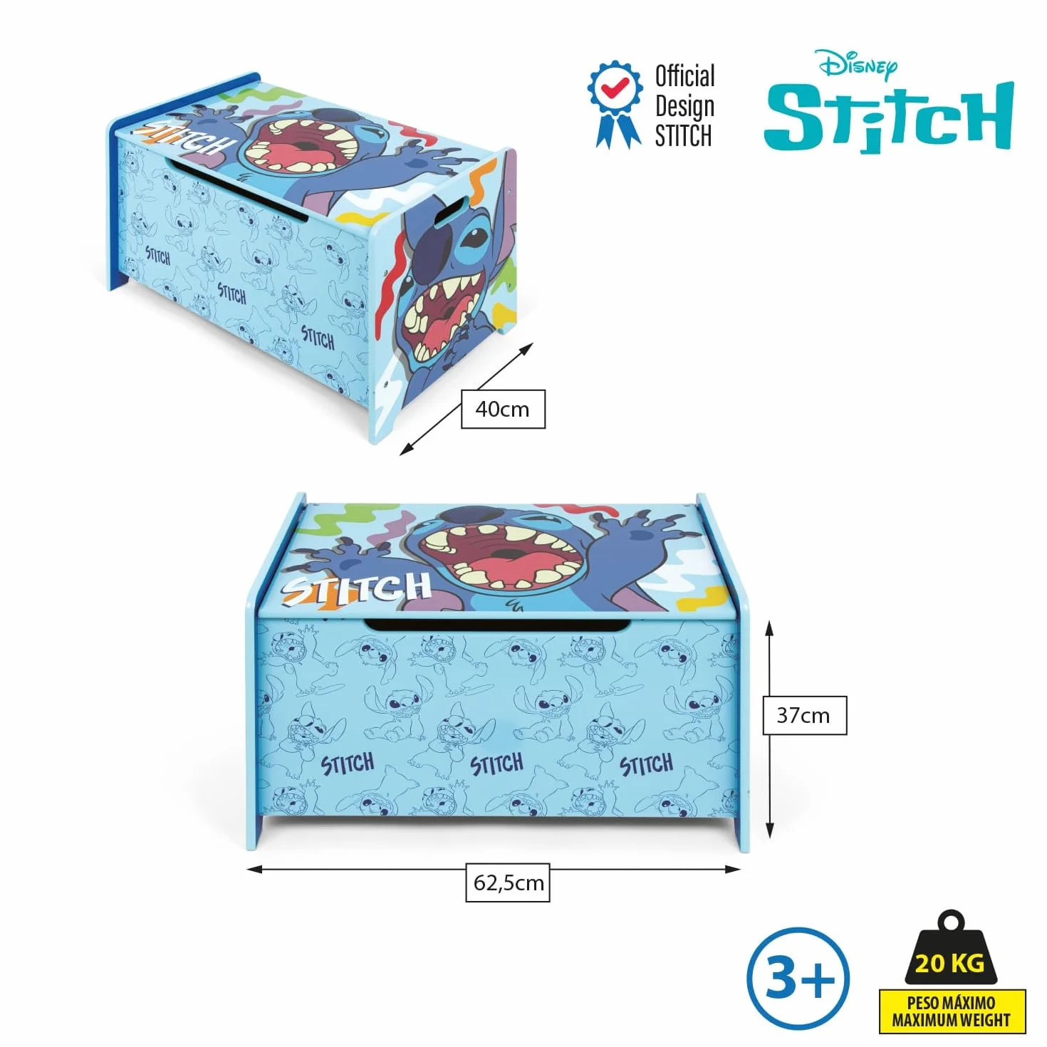 Banco juguetero de madera Stitch Disney 62.5x40x37cm azul