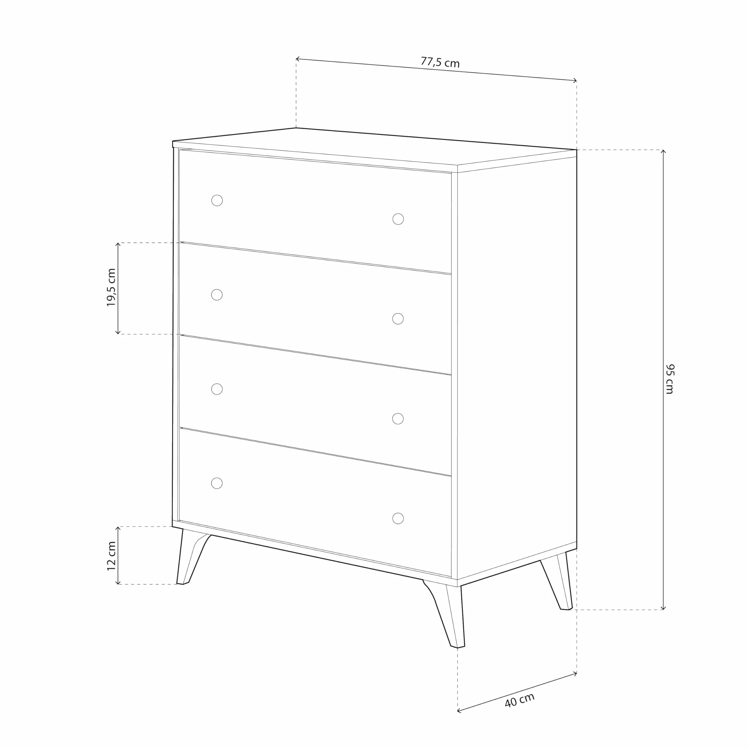 duehome | Comoda de 4 Cajones para Dormitorio, Cajonera Dormitorio, Modelo Iconic, Acabado en Blanco Artik y Negro, Medidas: 77,5 cm (Largo) x 95 cm (Alto) x 40 cm (Fondo)