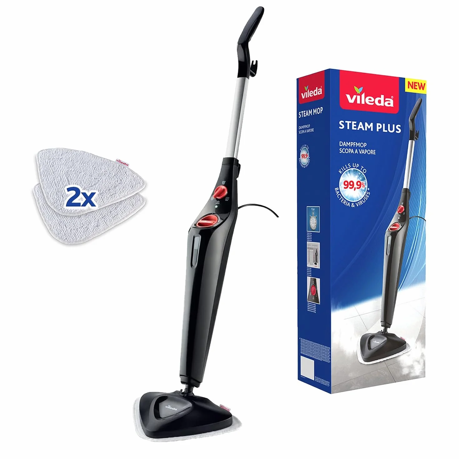 Vileda Steam PLUS, Mopa a Vapor, Rendimiento de Limpieza Higiénico, Elimina hasta un 99,9% de bacterias, Ideal para alfombras y tapetes, para Todos Tipo de Suelos, Sin Utilizar Productos Químicos