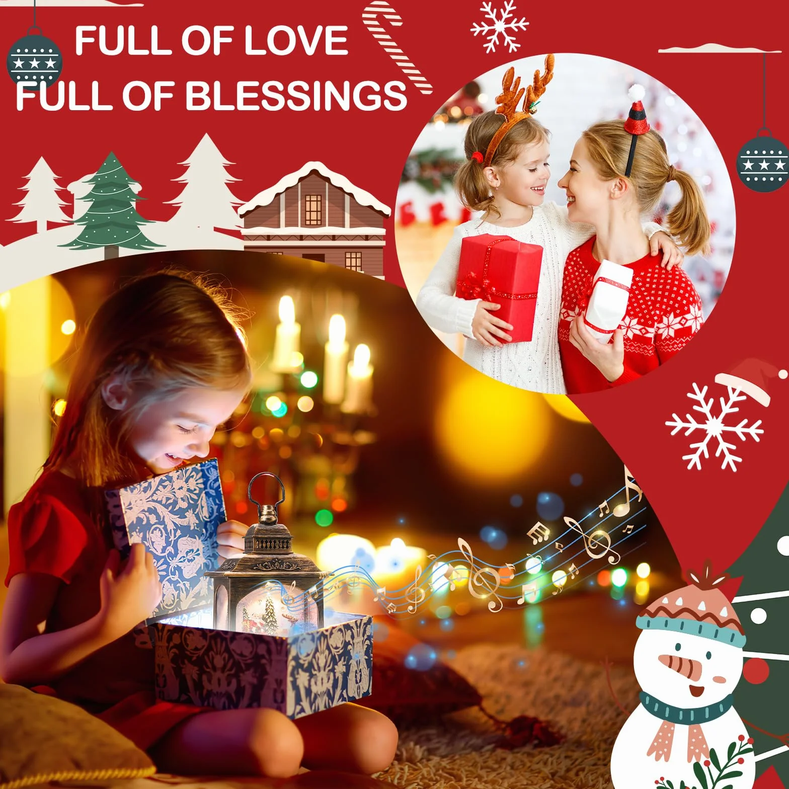 Coikes Linterna Navidad de Musical con Proyección Linternas de Globo Iluminado Xmas Water Lantern Linterna de Papá Noel con Purpurina Faroles de Navidad Decoraciones de Navidad