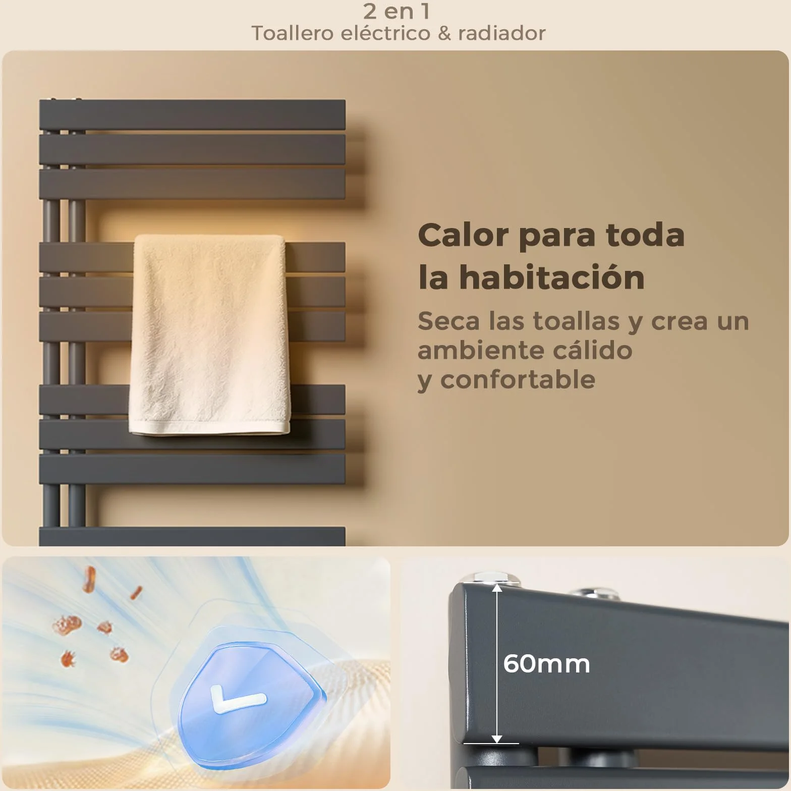 S'AFIELINA Radiador de diseño para baño, radiador toallero Agua calefaccion Antracita, Conexión Central,1041x500mm, radiador para baño, secador de Toallas, 555 vatios（Válvula no incluida）
