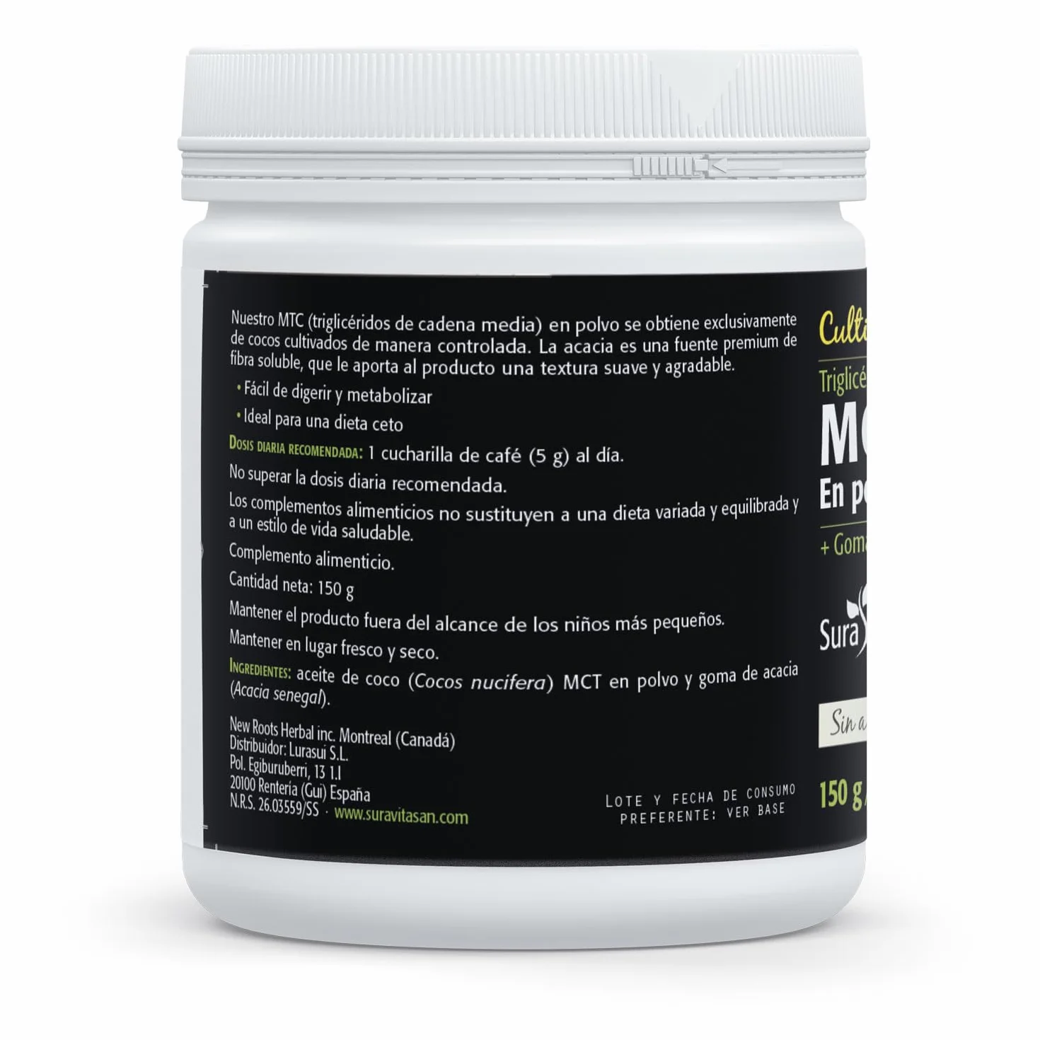 SURA VITASAN MCT de Coco en Polvo 70% Triglicéridos de Cadena Media C8 y C10 con Goma de Acacia Suplemento Keto
