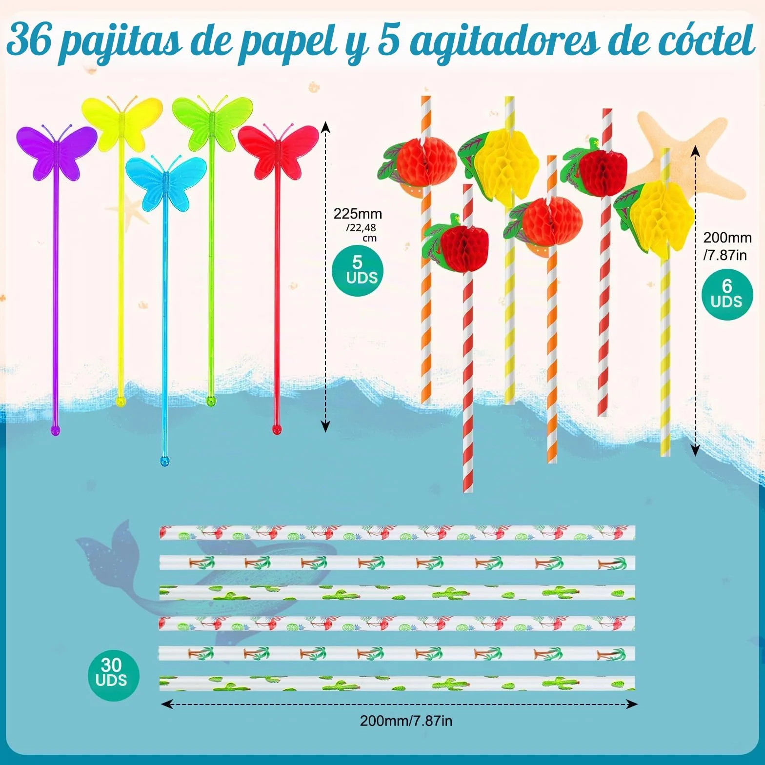 Decoración de Cócteles 153 Piezas, Palillos Accesorios, Sombrillas, Palos Agitadores Reutilizables, Pajitas para Fiestas