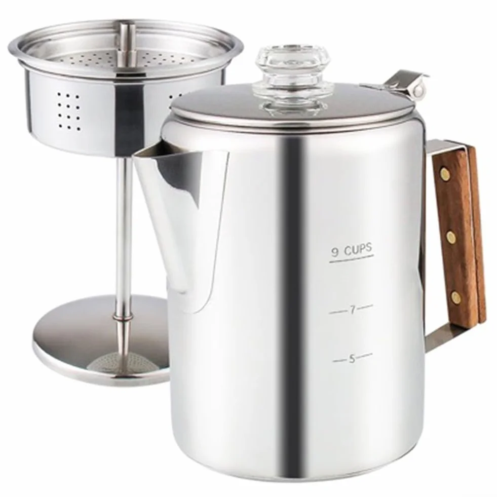 Percolador de café de acero inoxidable 9 tazas para fogata, camping con mango de madera compatible con inducción