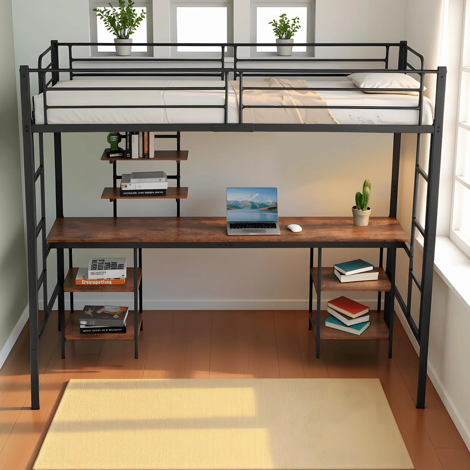 Łóżko Metalowe 90x200 cm z Biurkiem i Półkami, Czarny, dla Dzieci i Młodzieży