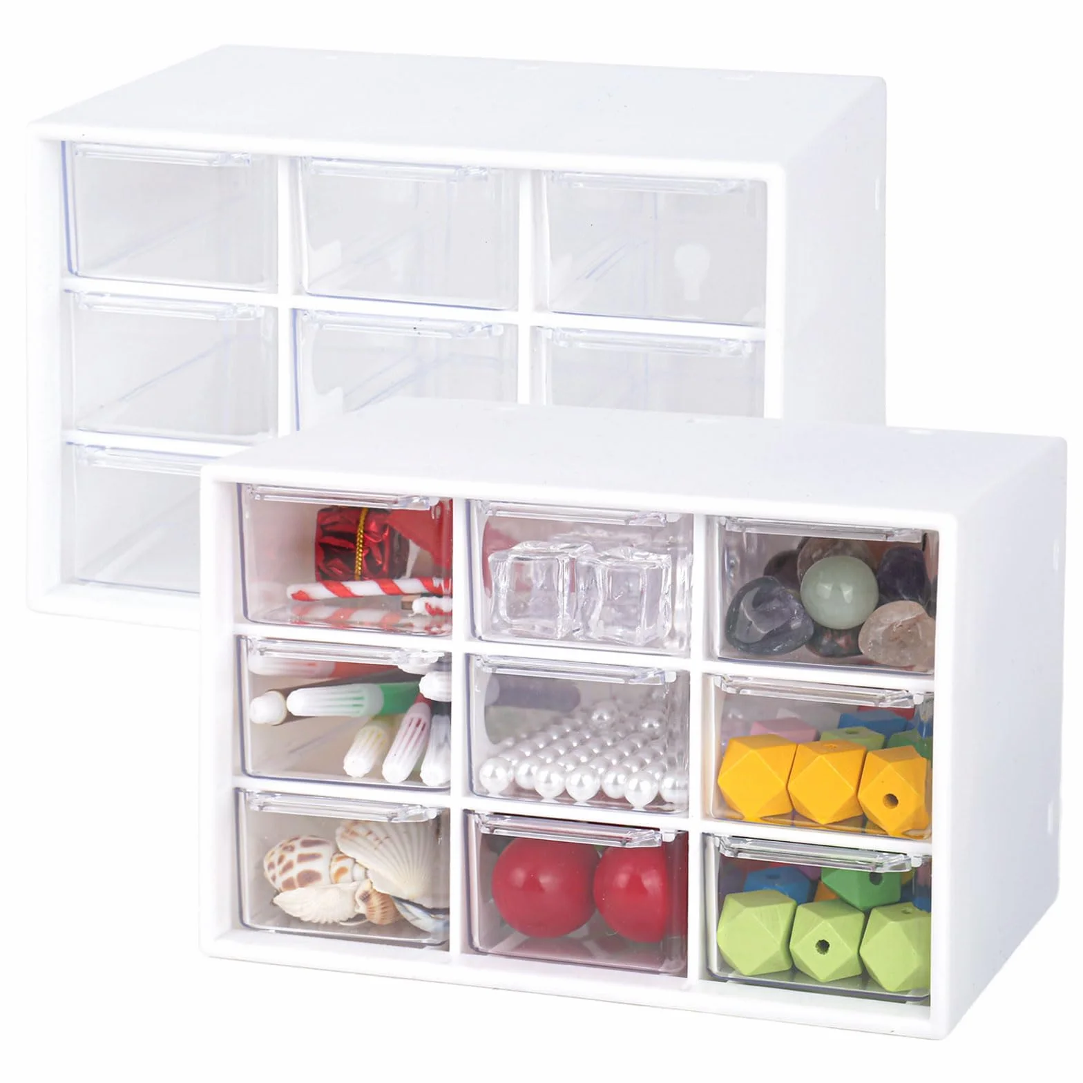 Juego de 2 cajas de almacenamiento para manualidades, cajón y organizador de escritorio con 9 cajones y mini caja extraíble transparente y blanca