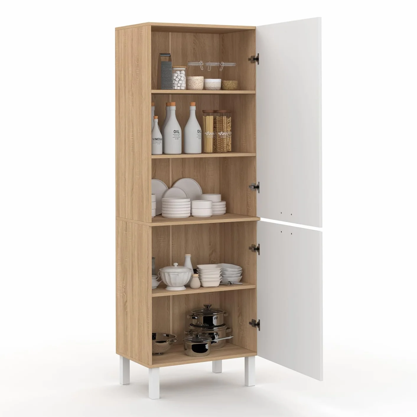 IDMarket CINA - Columna de cocina 60 cm, 2 puertas, forma de haya y blanco