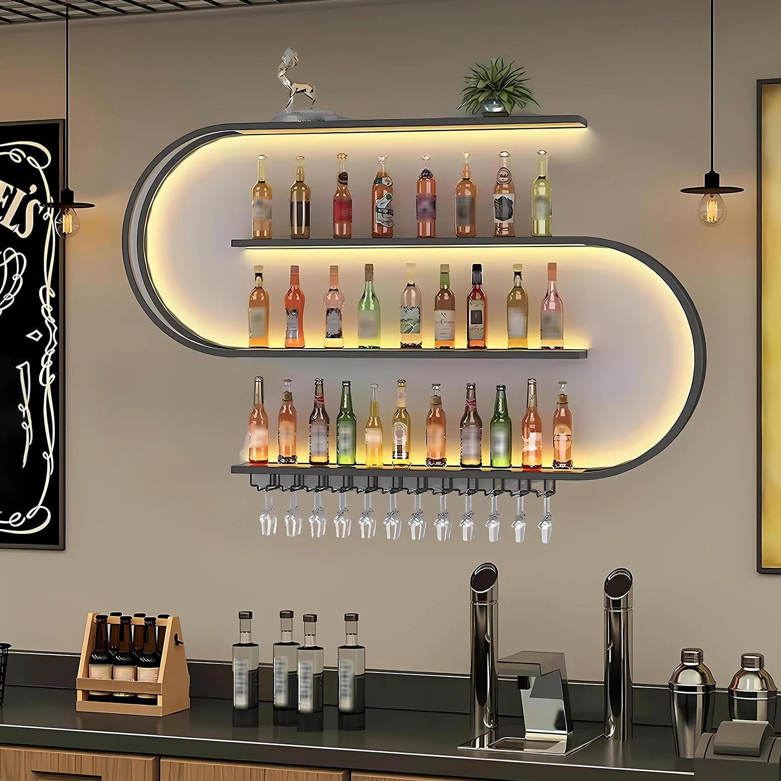 Botellero de Pared con portavasos, Estantería de Hierro de 4 Plantas, Soporte Flotante para exhibición de Vino, Estante de Botellas de Pared, para el hogar, Restaurante, Bares (Negro, 120cm)