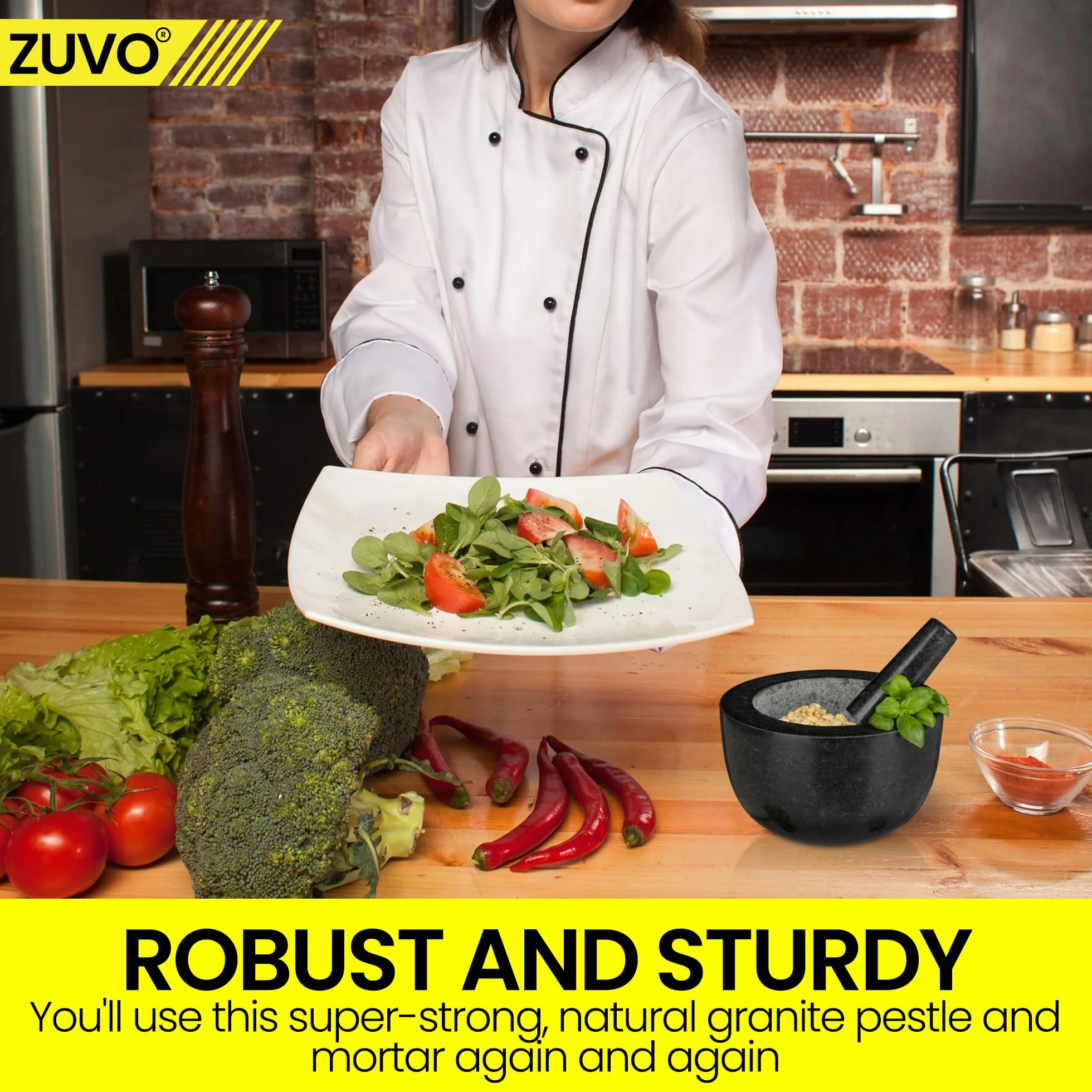Juego de mortero y mortero de Zuvo, piedra natural sólida, esencial para artículos esenciales de cocina y creaciones culinarias, diseño duradero y elegante
