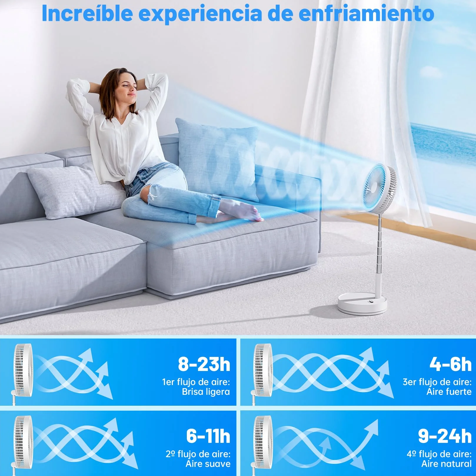 Ventilador de Pie Portátil Plegable Oscilante 8000mAh Batería Recargable USB C con Control Remoto Silencioso para Hogar