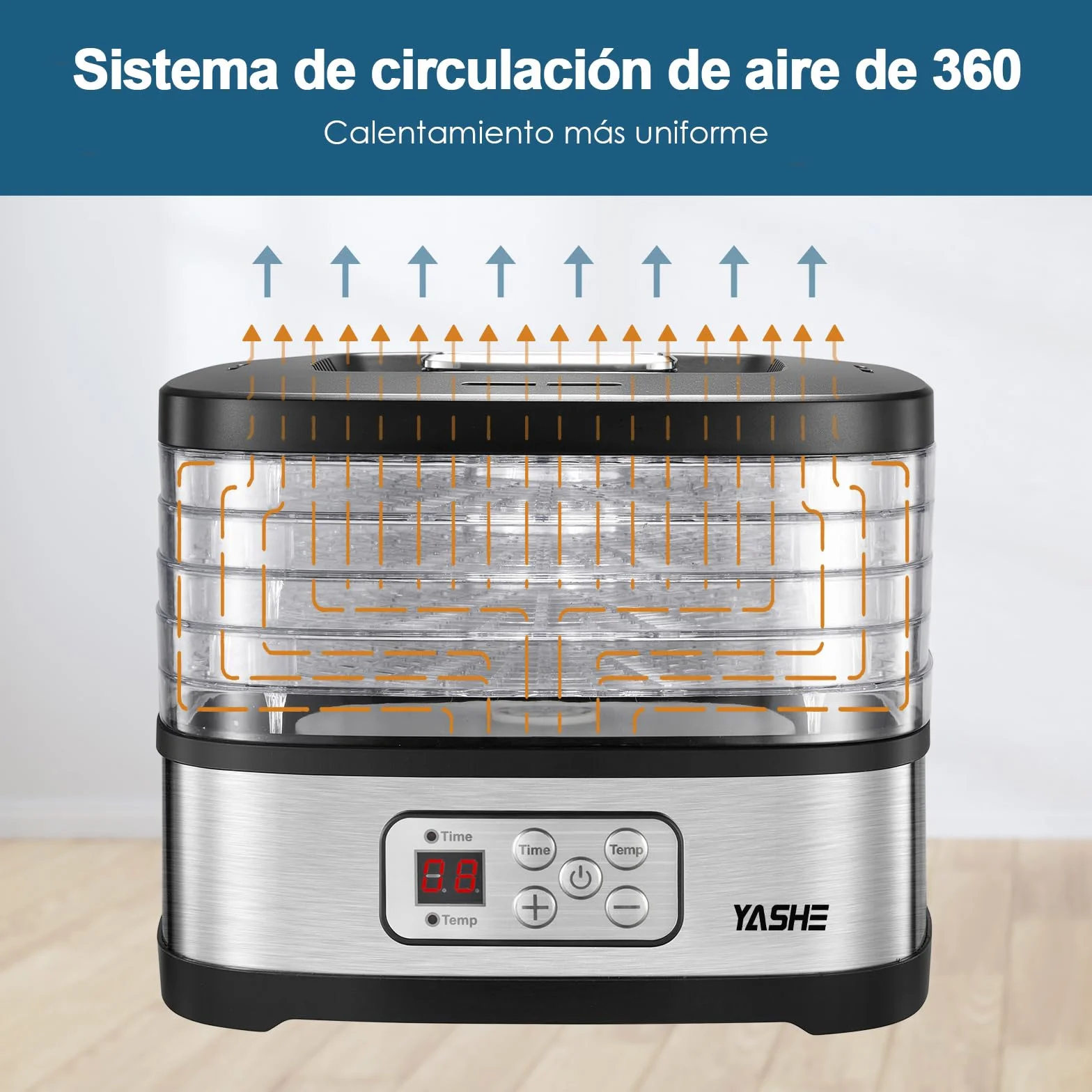 YASHE GGJ-261B Deshidratador de Alimentos, 240W, 5 Bandejas Ajustables, Control de Temperatura 35-70°C, Temporizador 72h, Sin BPA