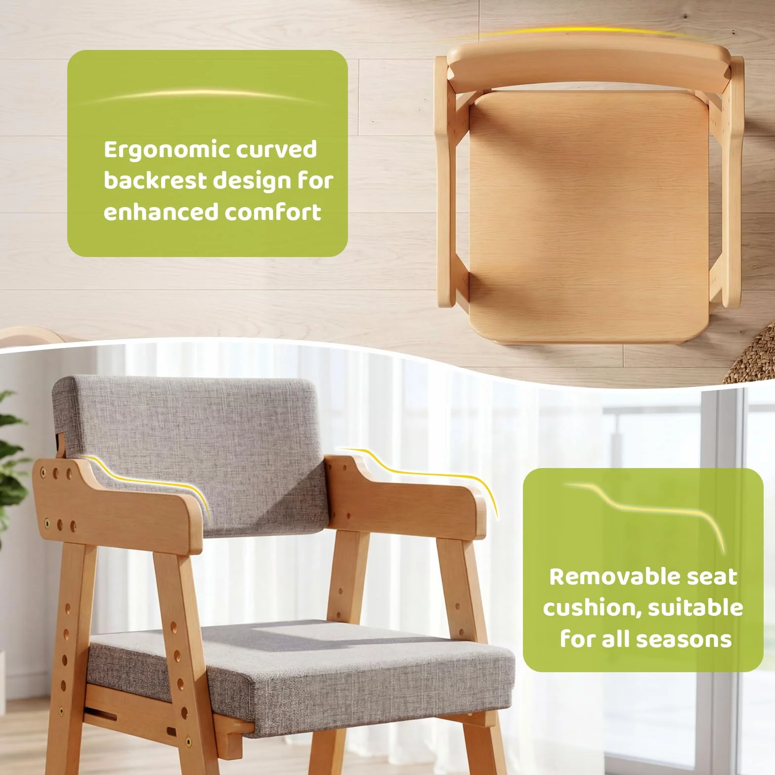 MAMIZO Silla para Niños Madera de Haya, Apta para Niños a Partir de 3 Años, con Altura Regulable y Cojín Cómodo, Silla de Comedor con Soporte hasta 120 kg, para Estudiar y Comer, Color Madera Natural