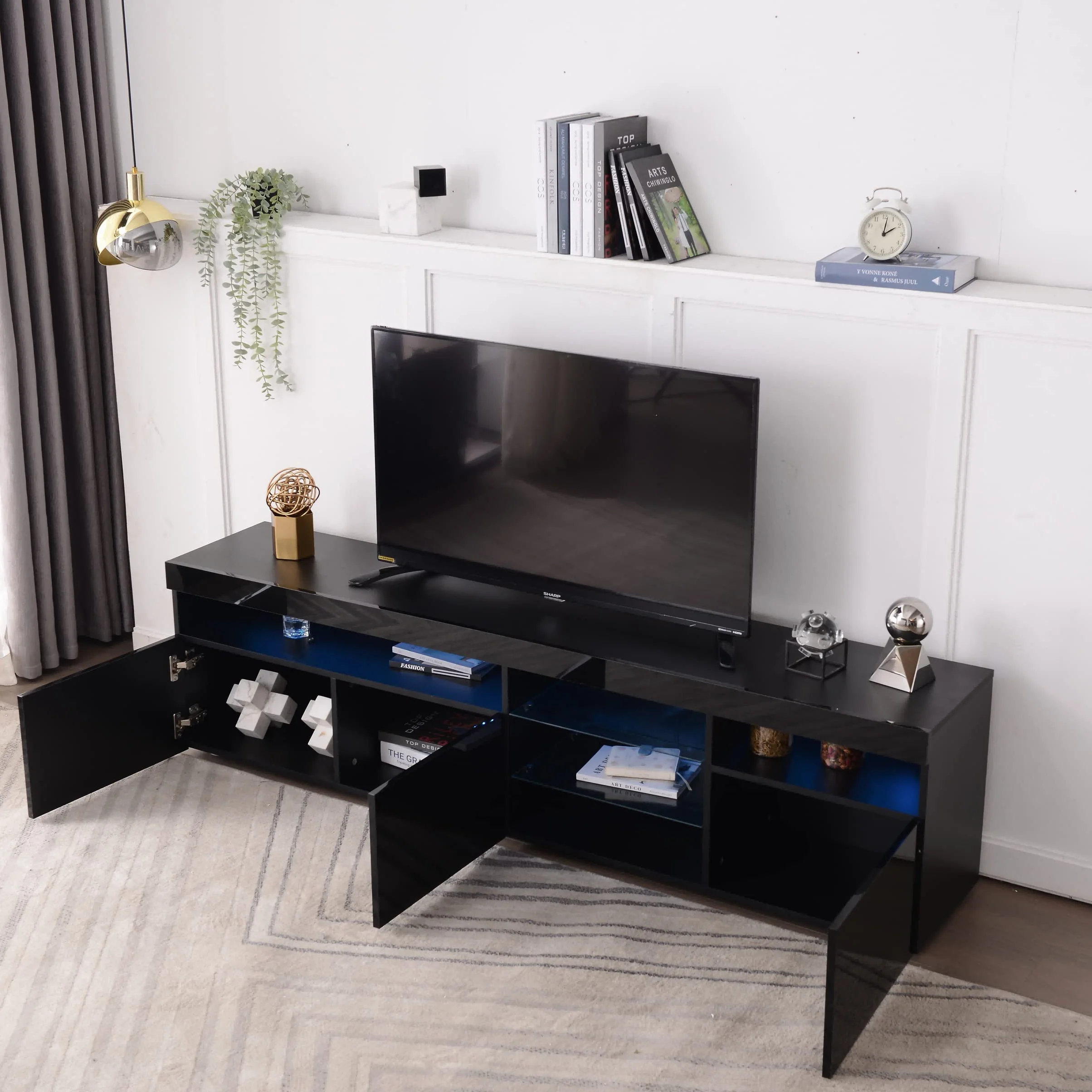 Azkoeesy Mueble TV con iluminación LED, 180 cm, Mueble de televisión, 3 Puertas y Estante de Cristal, Negro Brillante