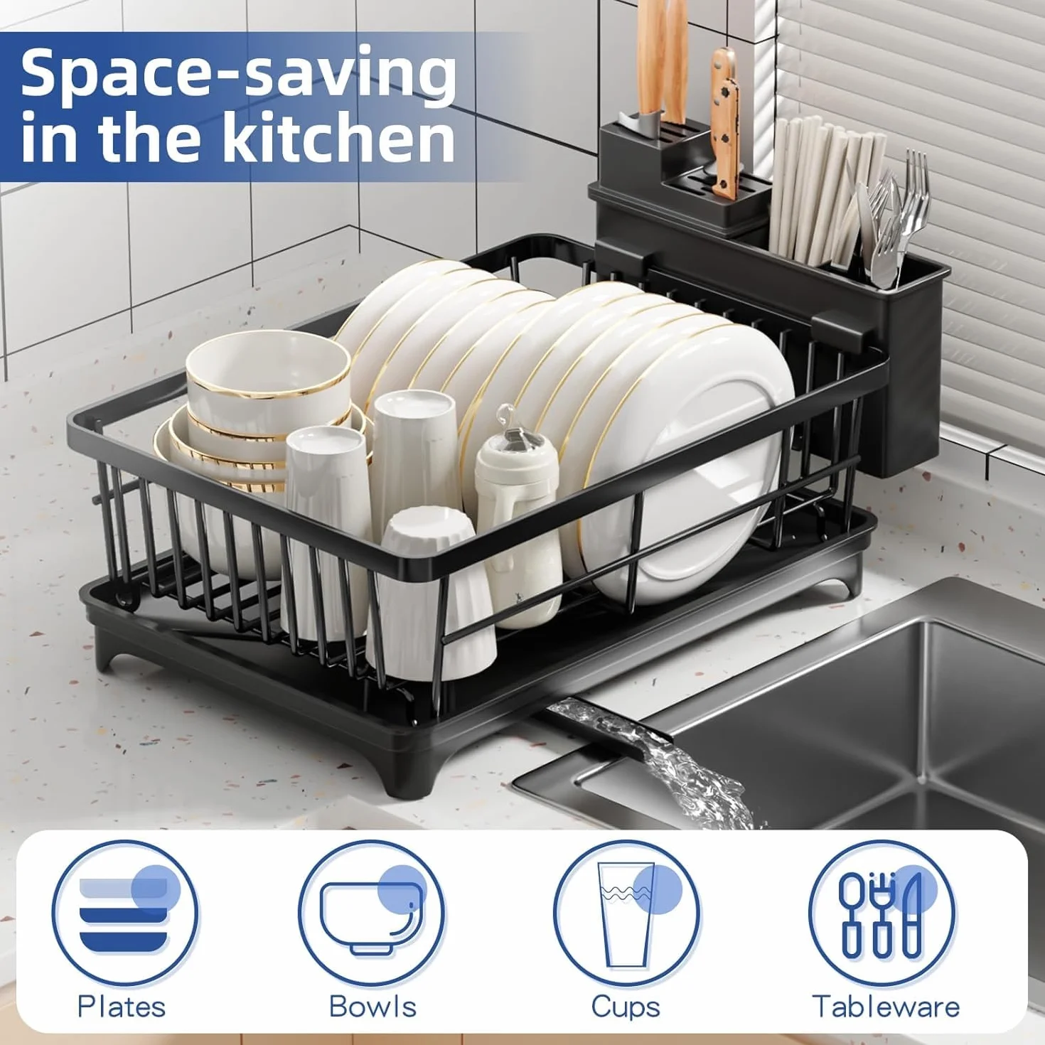 PurKeep Escurreplatos Escurridor de Platos Ahorra Espacio con Soporte para Utensilios, Gran Capacidad, Negro