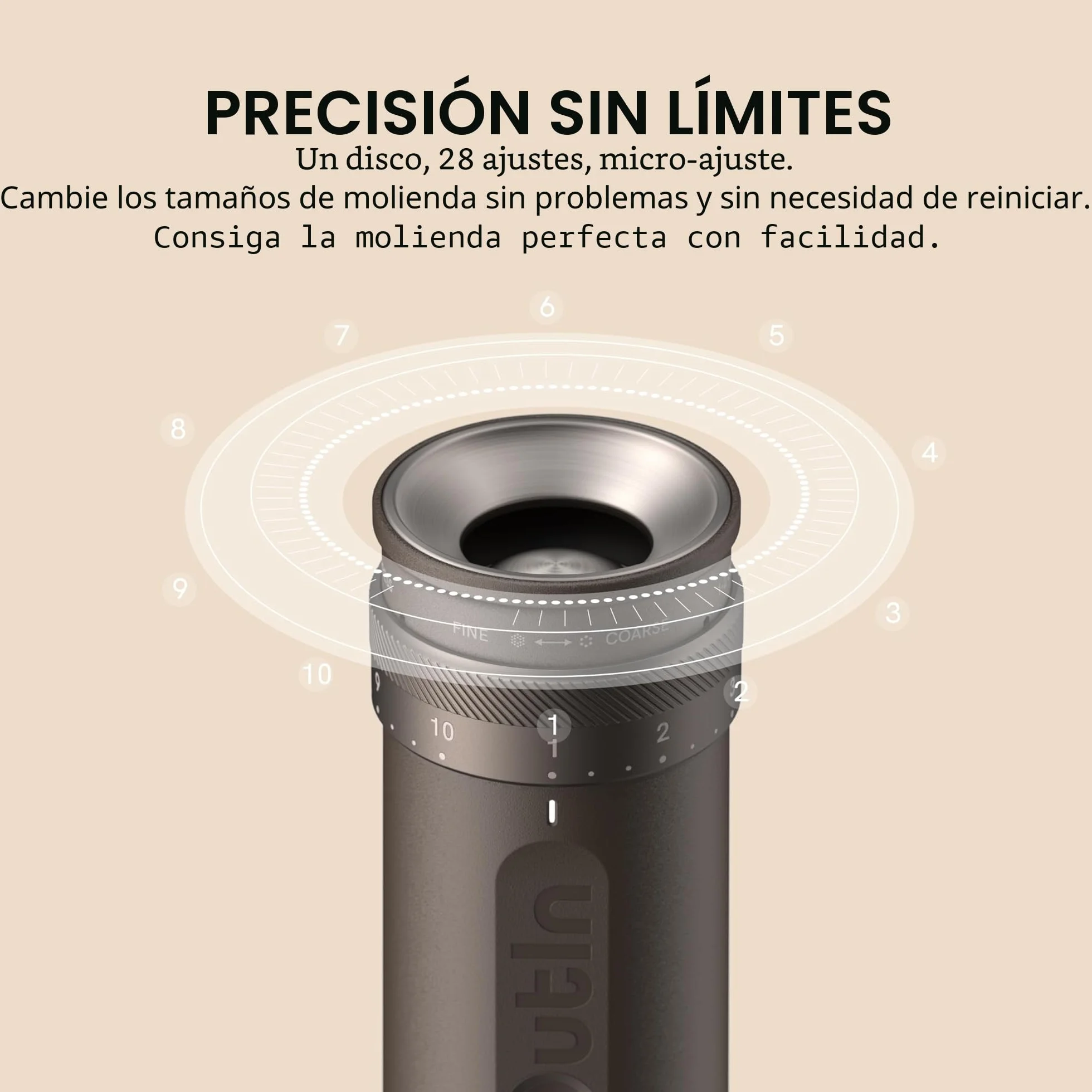 OutIn Fino Molinillo de café eléctrico portátil, molinillo de granos de café ajustable con 28 ajustes de molienda precisos, molinillo de café con rebaba de un botón con batería de carga rápida