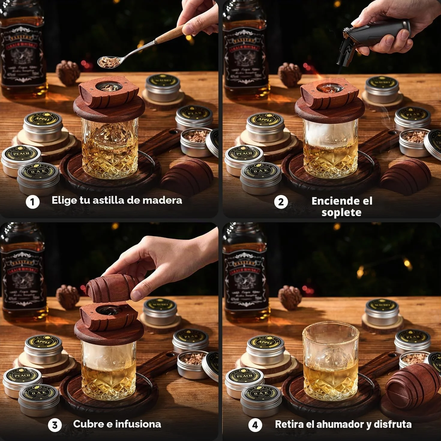 Kit de ahumador de whisky con antorcha, 6 sabores, chips de madera, 2 vasos, 2 moldes de bolas de hielo