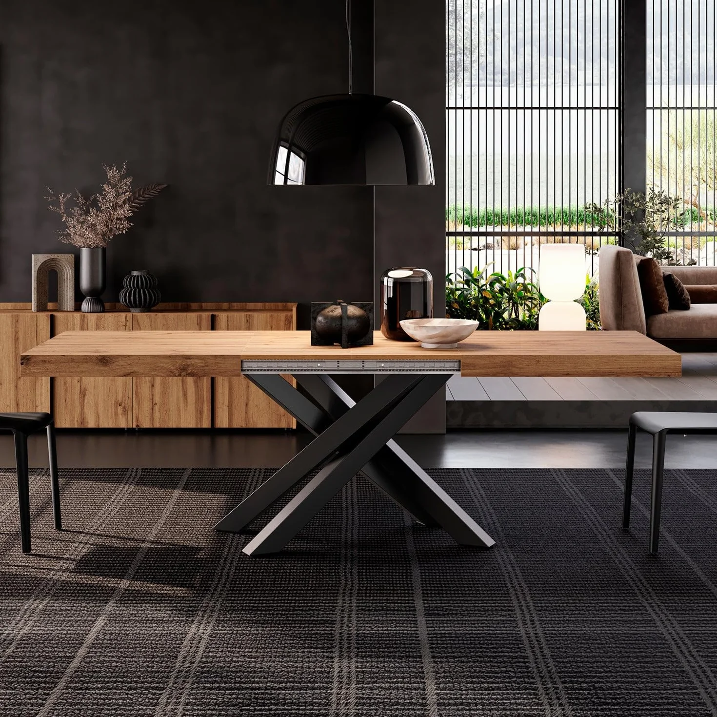 MOBILI FIVER, Mesa Extensible Emma 140(220) x90 cm, Color Madera rústica con Patas Cruzadas Negras, para 6-10 Personas, Mesa Extensible de Comedor, Mesa Cocina, Salon, Made In Italy