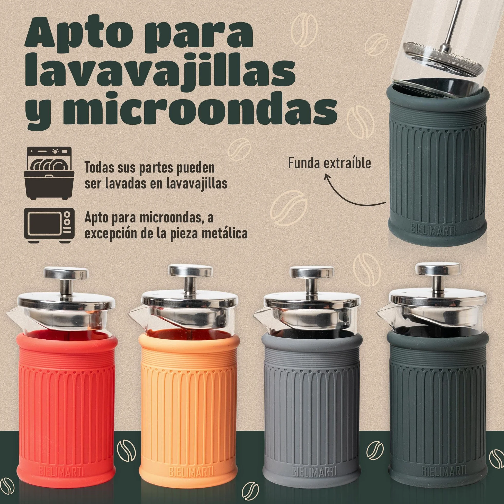 Cafetera de Prensa Francesa, 350 ml, Vidrio Borosilicato, Funda de Silicona Térmica,french press,cafetera de embolo (gris)