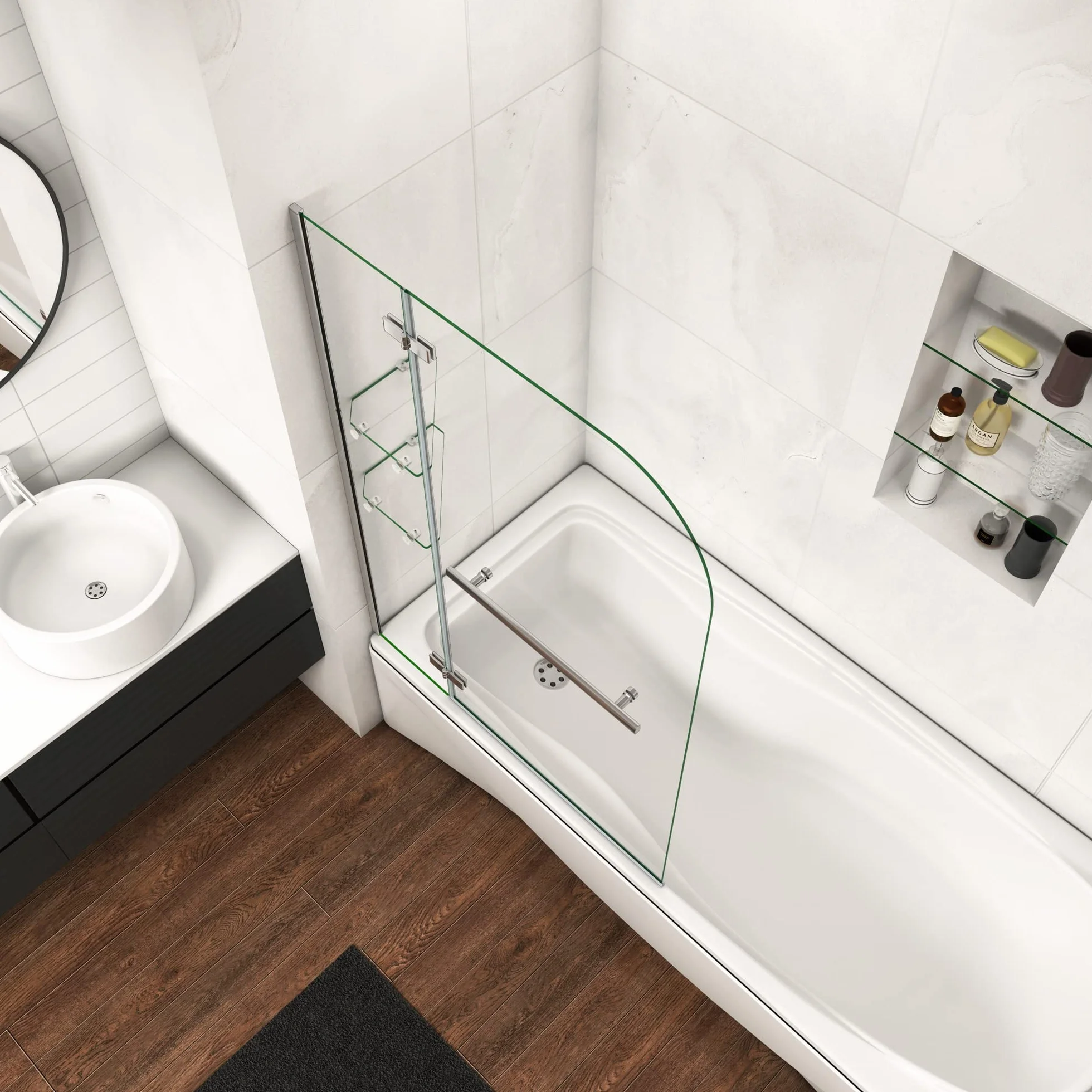 Mamparas de Bañera Biombo de Baño Abatible Cristal Templado 5 MM Estante Toallero, 100x140 CM
