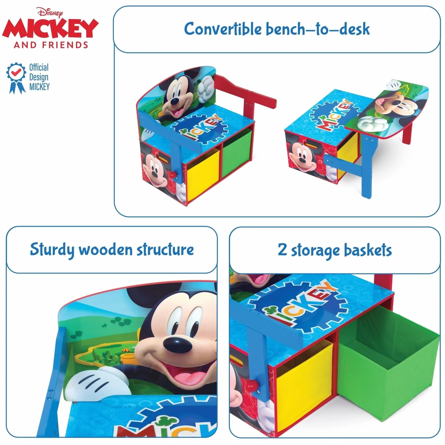 Banco pupitre infantil de madera convertible en escritorio con almacenaje inferior Mickey Mouse Disney 60x47x56cm Rojo Azul