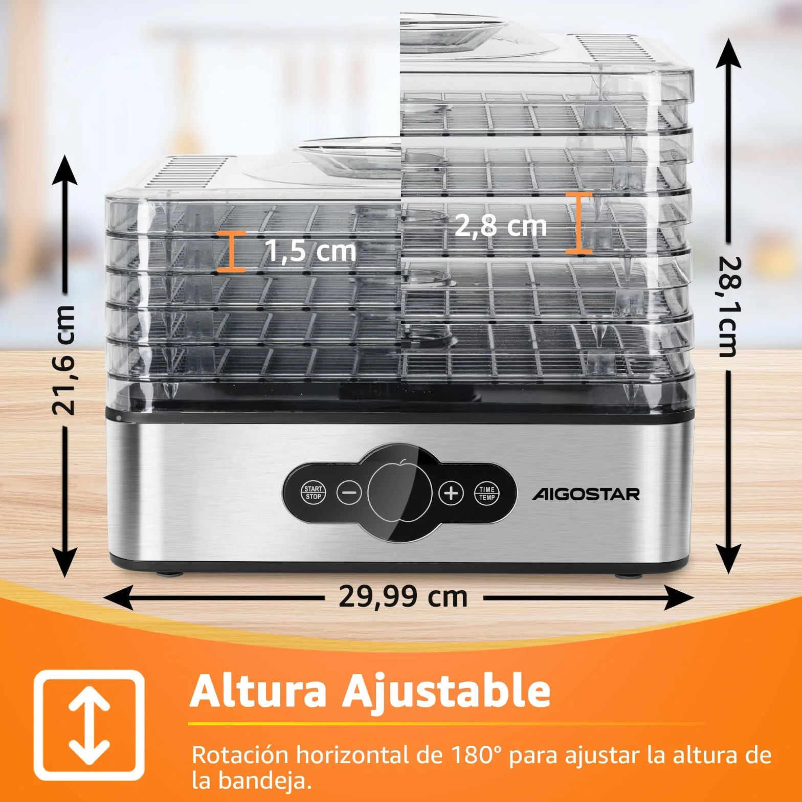 Aigostar Crispy Deshidratador de Alimentos 240W 5 Bandejas Altura Regulable Pantalla LED Temporizador 99H Temperatura Ajustable Sin BPA